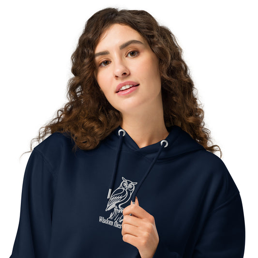 Owl Unisex Essential Organic Hoodie: 'Wisdom Flies Light' in Fall | Sustainable Fashion Dudeily