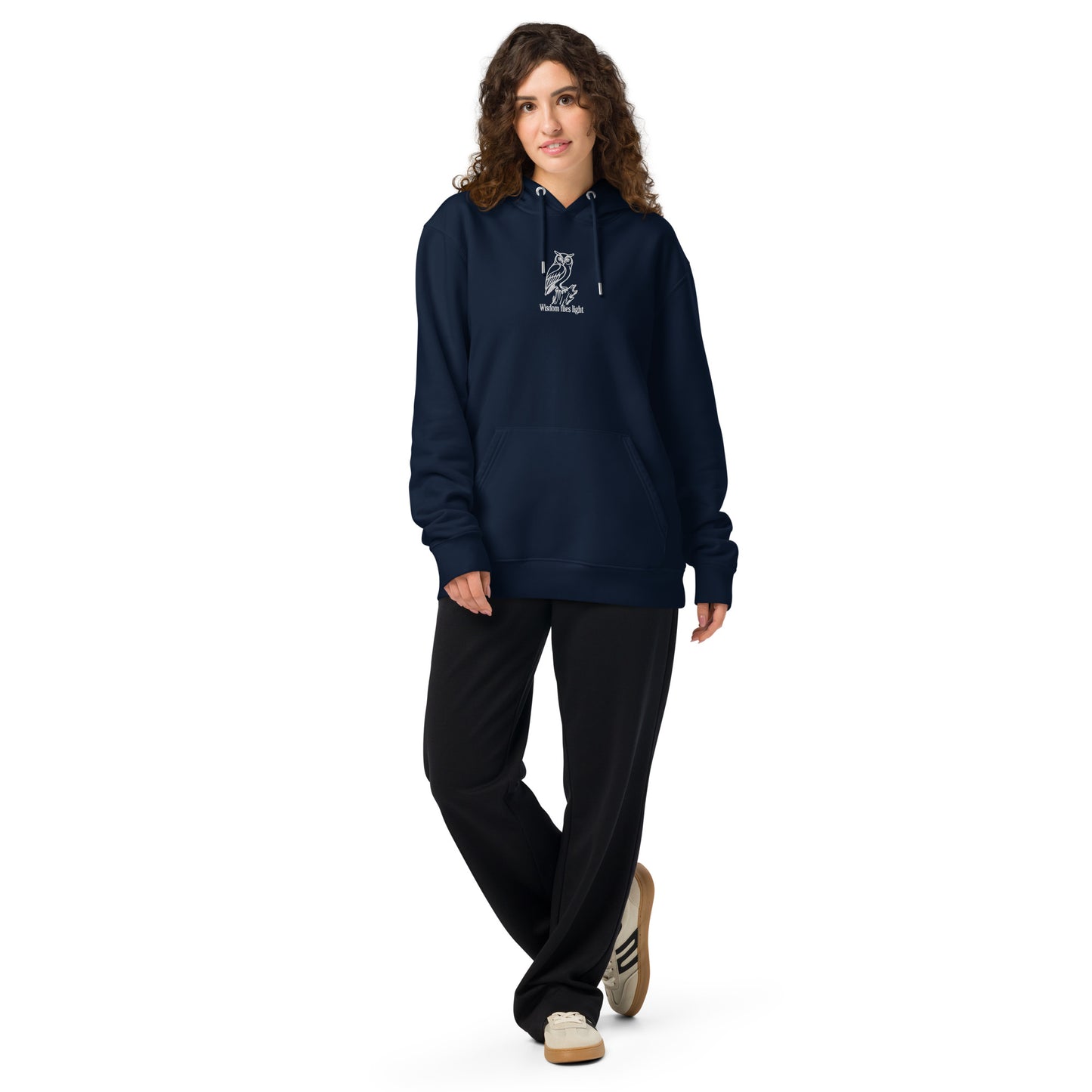 Owl Unisex Essential Organic Hoodie: 'Wisdom Flies Light' in Fall | Sustainable Fashion French Navy Dudeily