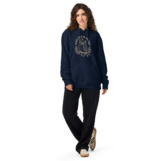 Unisex Essential Organic Hoodie: 'Peace in the Night' in Fall | Sustainable Owl Fashion USA French Navy Dudeily