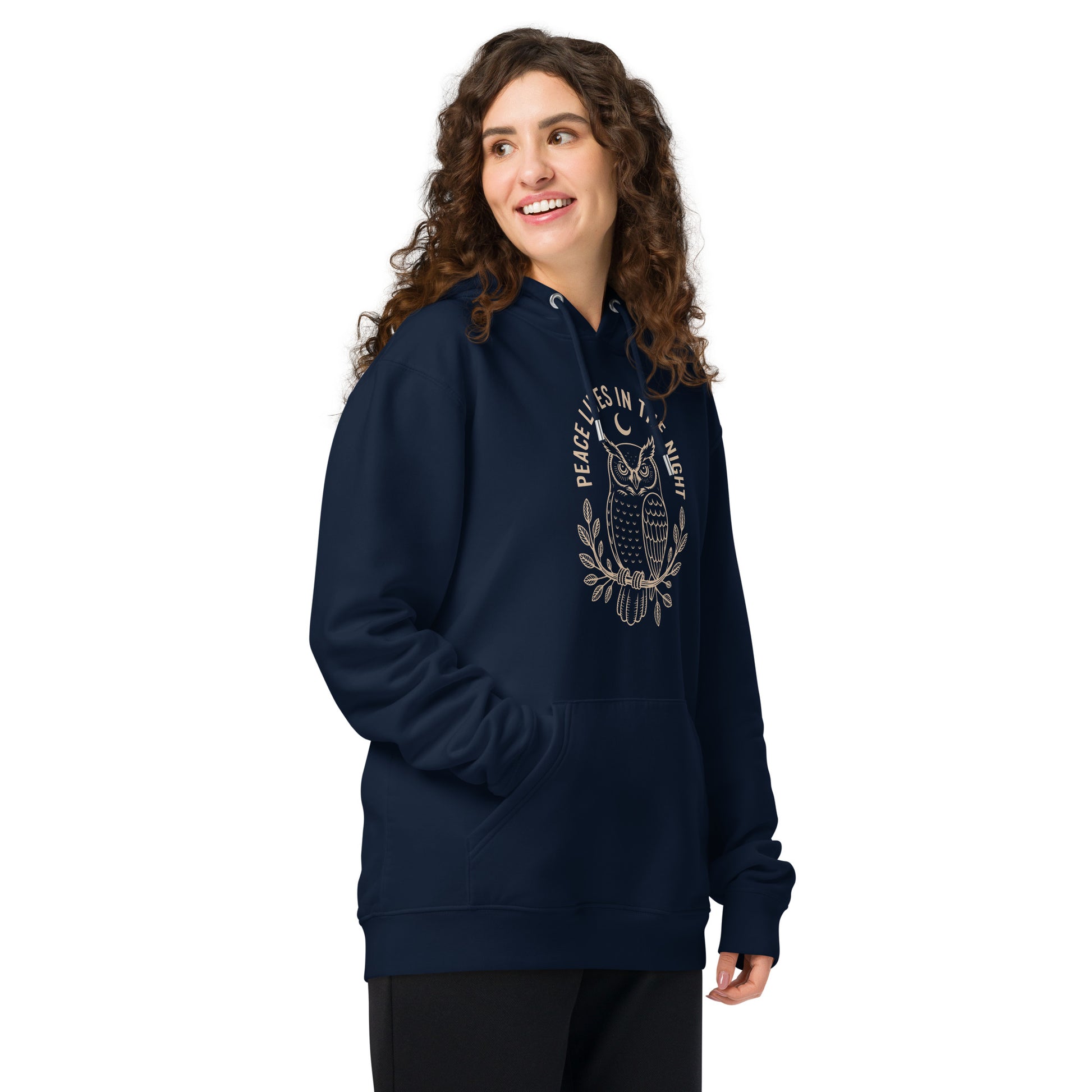 Unisex Essential Organic Hoodie: 'Peace in the Night' in Fall | Sustainable Owl Fashion USA Dudeily
