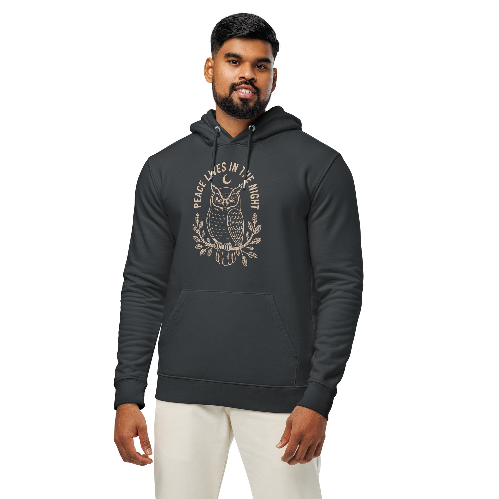 Unisex Essential Organic Hoodie: 'Peace in the Night' in Fall | Sustainable Owl Fashion USA Dudeily