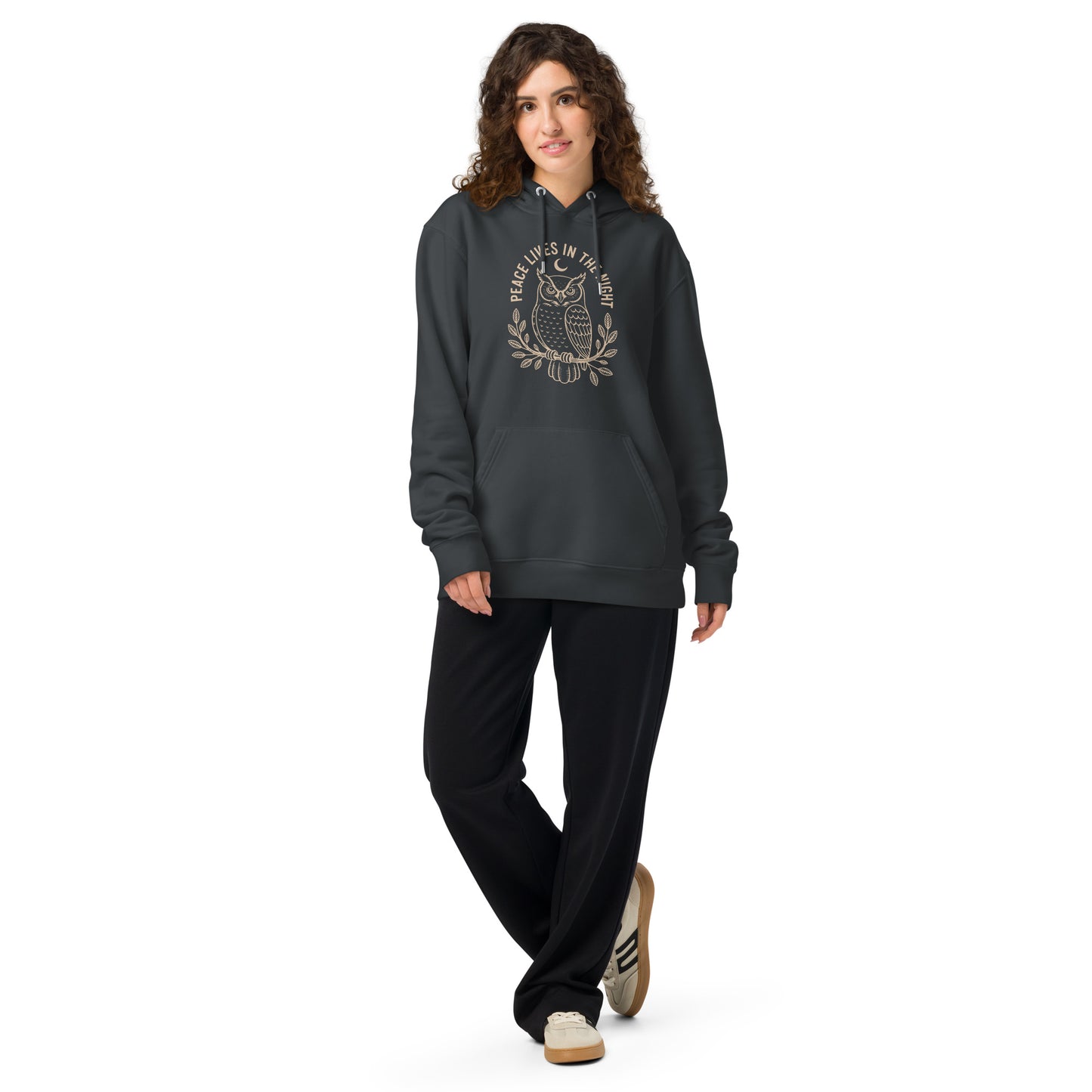 Unisex Essential Organic Hoodie: 'Peace in the Night' in Fall | Sustainable Owl Fashion USA India Ink Grey Dudeily