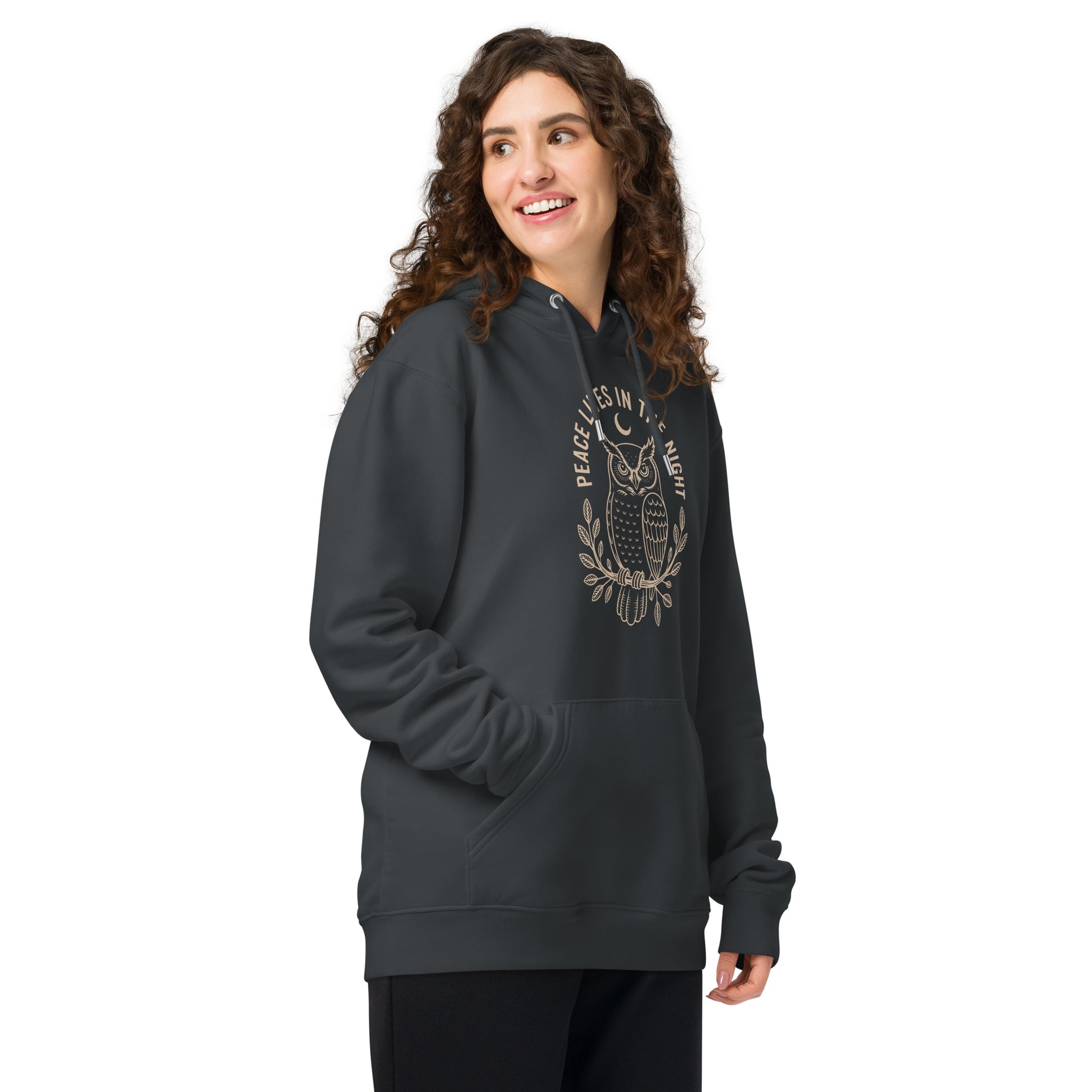 Unisex Essential Organic Hoodie: 'Peace in the Night' in Fall | Sustainable Owl Fashion USA Dudeily