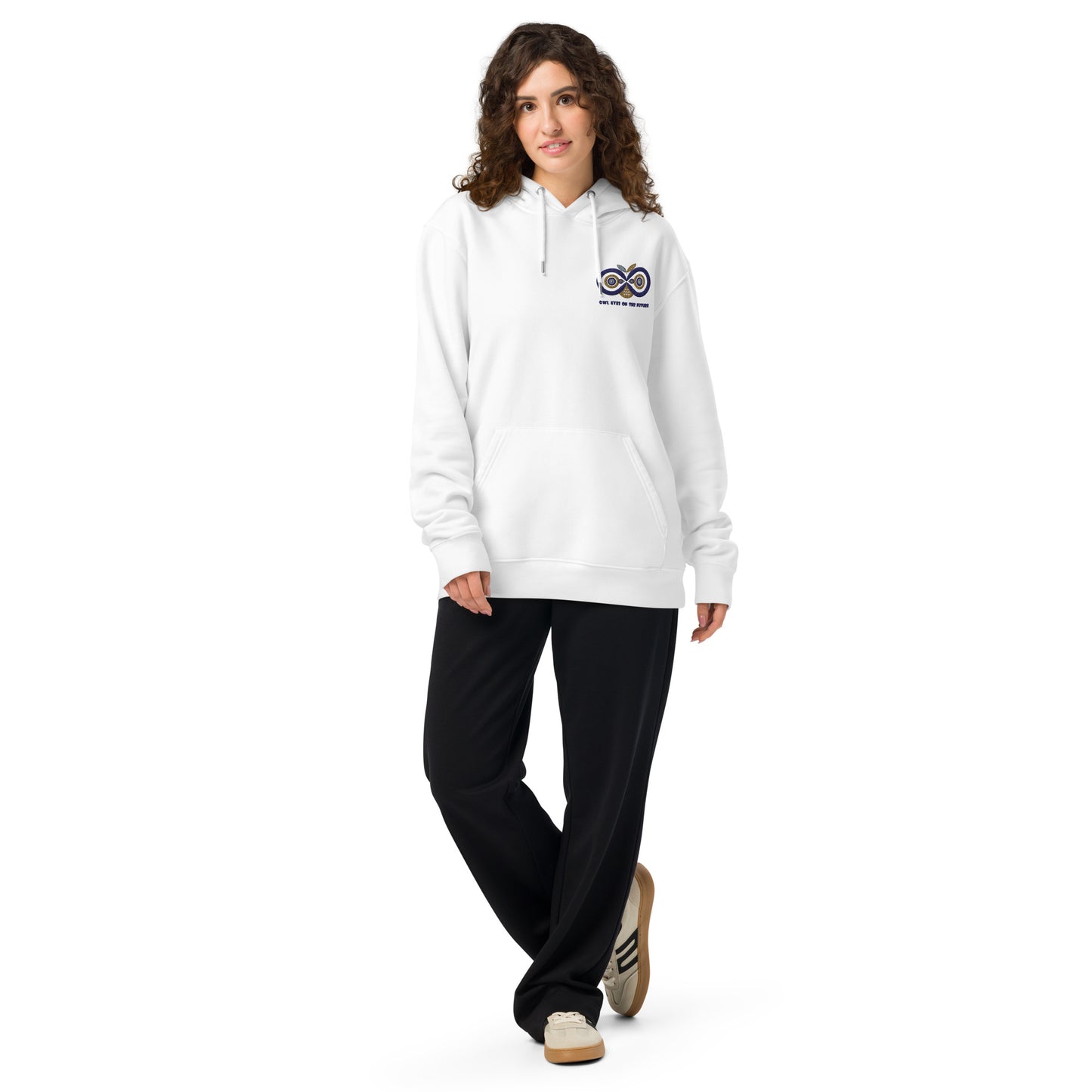 Unisex Essential Organic Hoodie: Owl Eyes on the Future | Owl Embroidered Eco-Friendly Fashion White Dudeily
