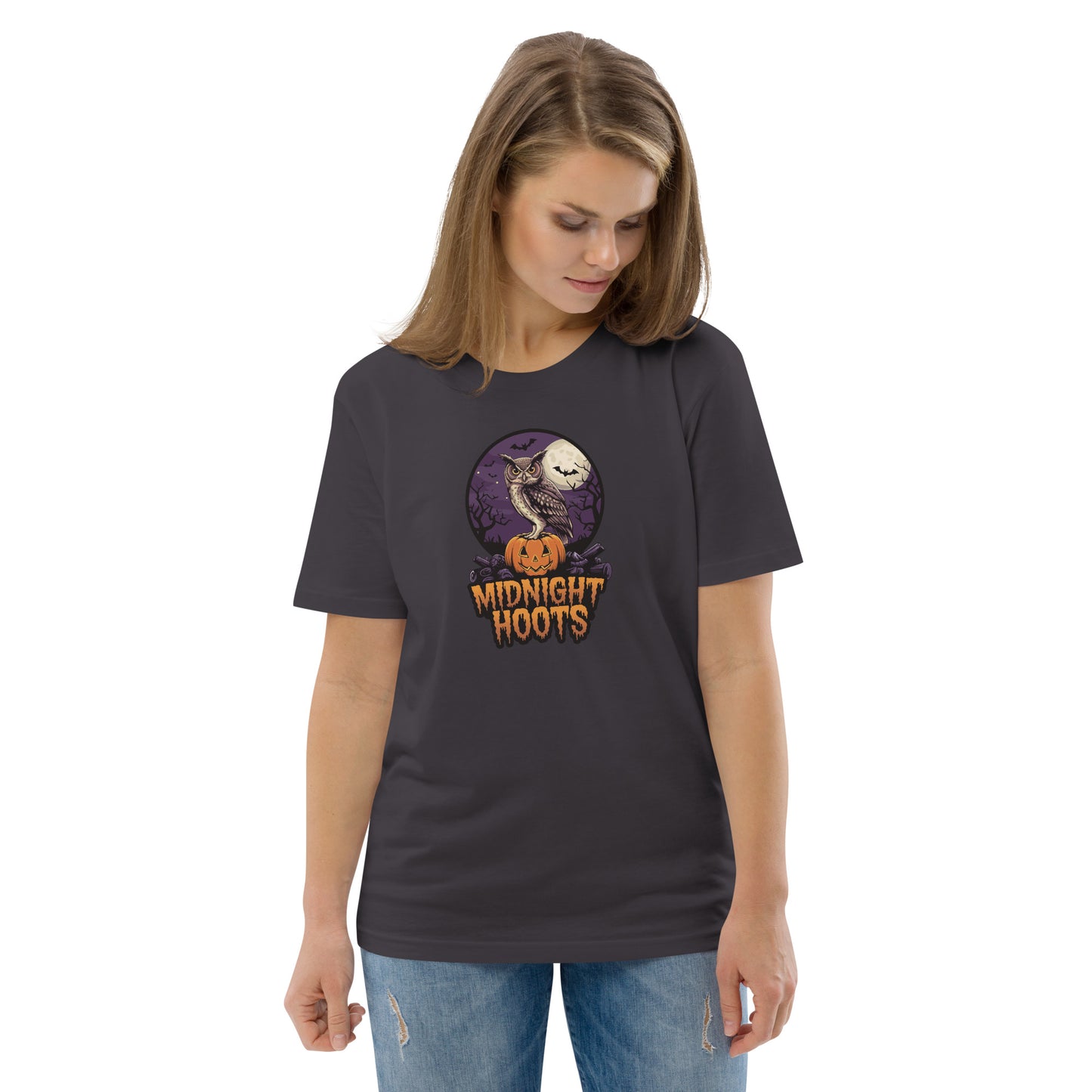 Unisex Organic Cotton T-Shirt: Halloween Owl Eco Fashion USA Anthracite Dudeily