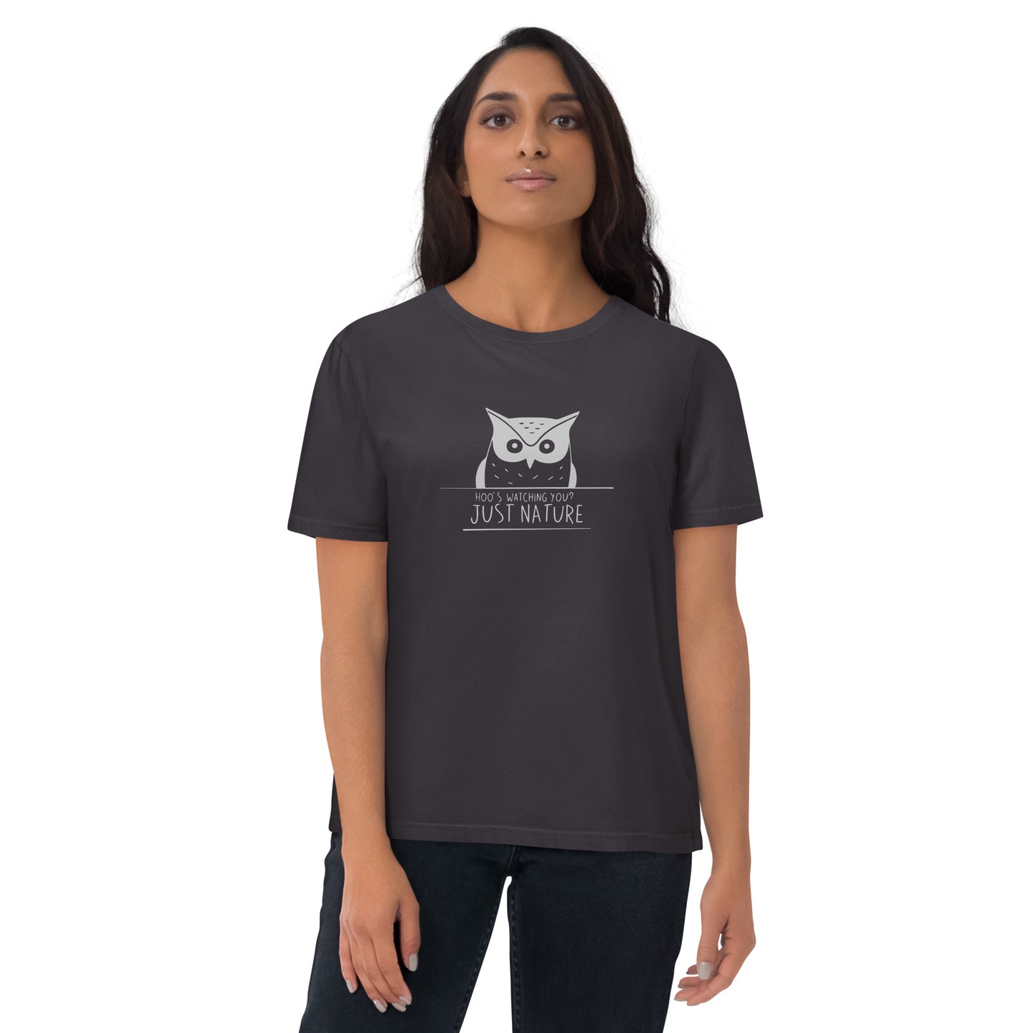Organic Cotton T-Shirt: 'Hoo's Watching You? Just Nature' in Fall | Ethical Owl Clothing USA Anthracite Dudeily
