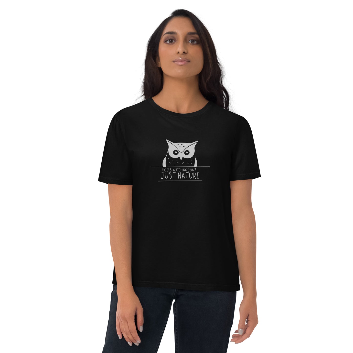 Organic Cotton T-Shirt: 'Hoo's Watching You? Just Nature' in Fall | Ethical Owl Clothing USA Black Dudeily