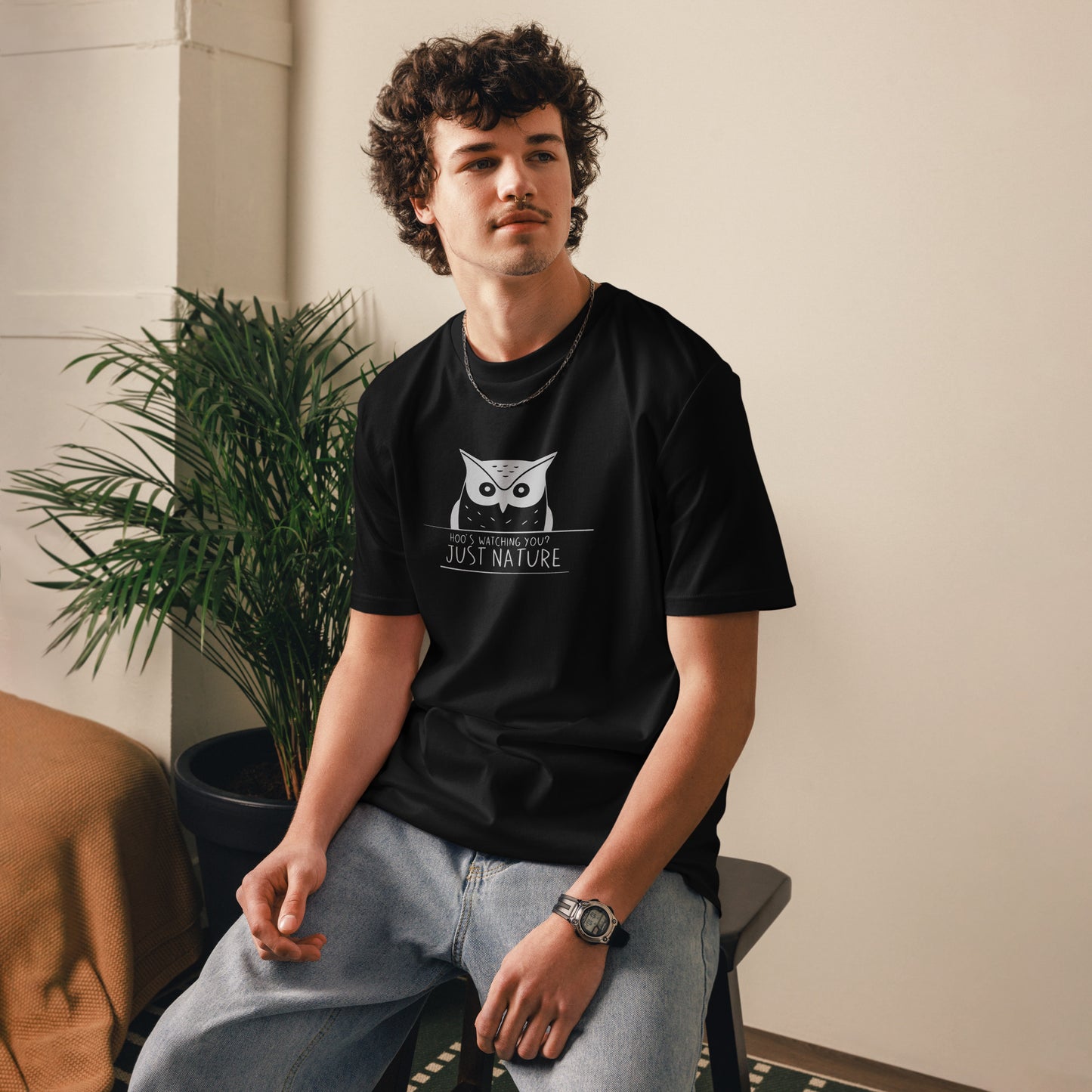 Organic Cotton T-Shirt: 'Hoo's Watching You? Just Nature' in Fall | Ethical Owl Clothing USA Dudeily