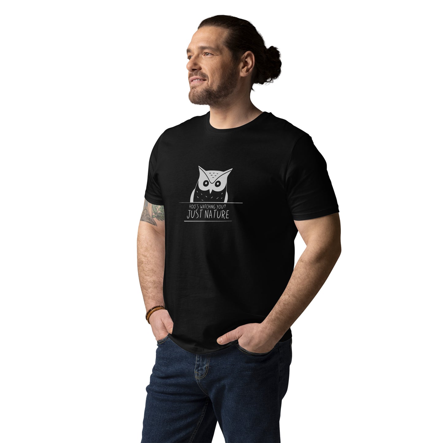 Organic Cotton T-Shirt: 'Hoo's Watching You? Just Nature' in Fall | Ethical Owl Clothing USA Dudeily