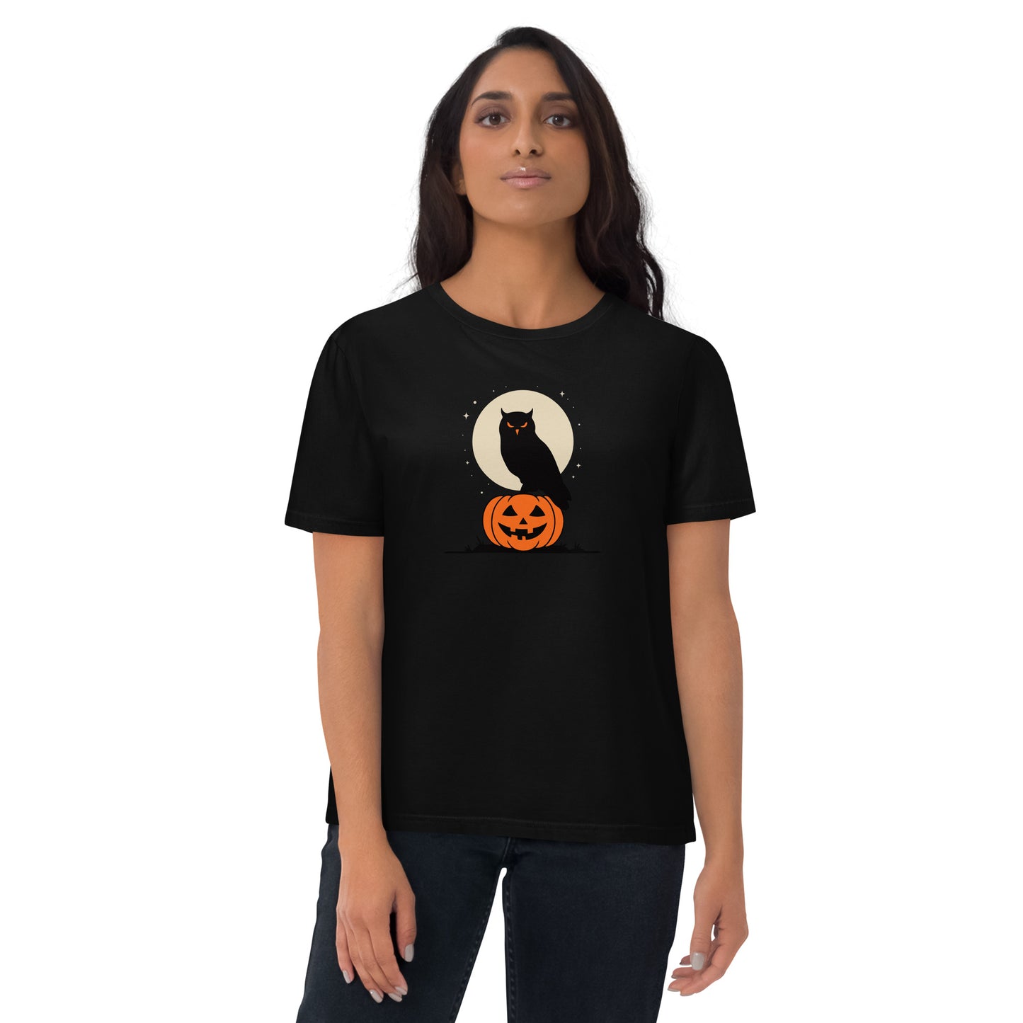 Unisex Organic Cotton T-Shirt: Halloween Owl Sustainable Style USA Black Dudeily