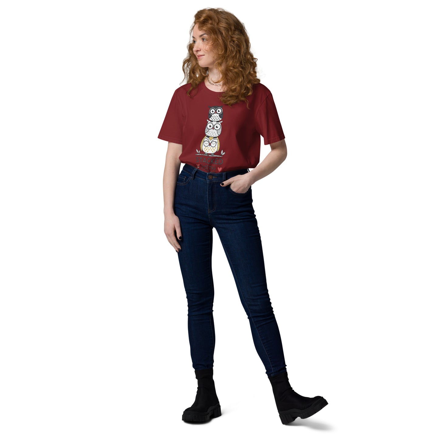 Unisex Organic Cotton T-Shirt: Stacked with Love | Owl-Themed Sustainable Fashion USA by Dudeily Dudeily