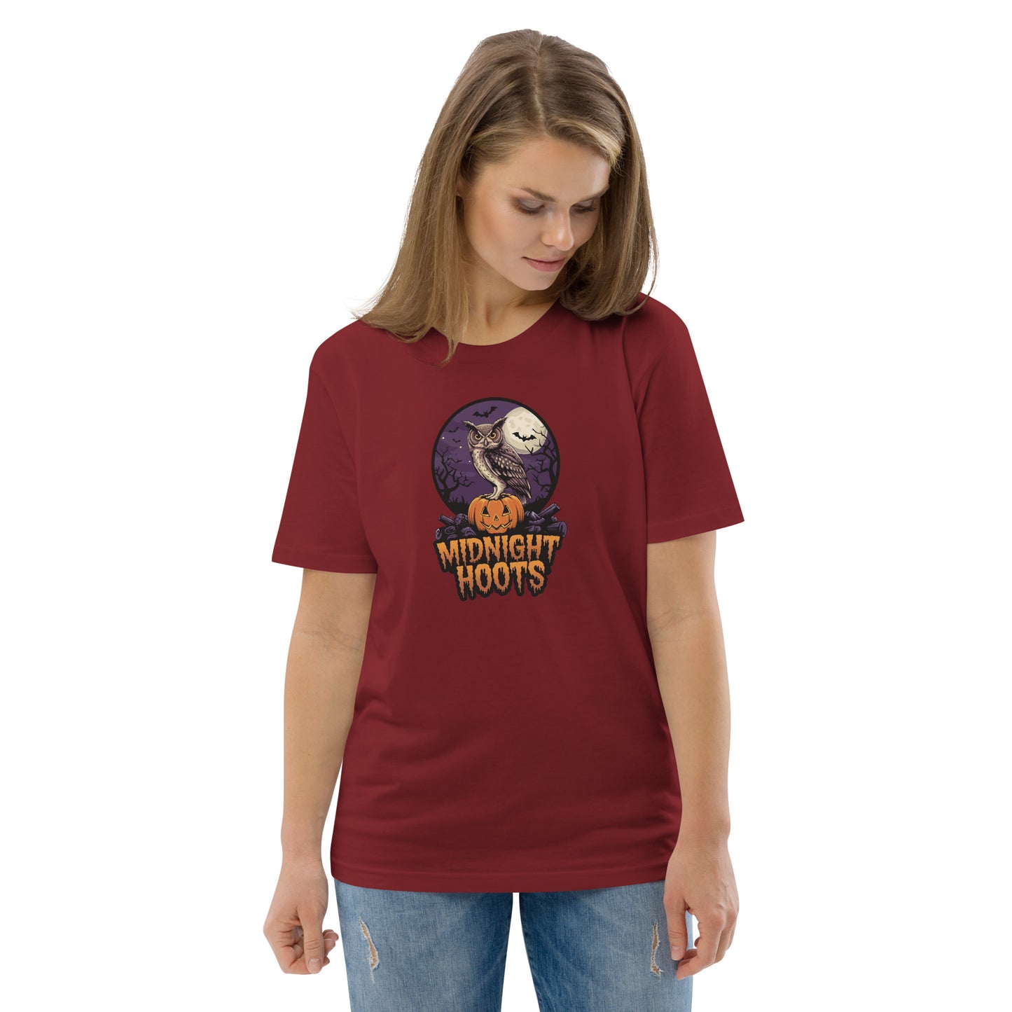 Unisex Organic Cotton T-Shirt: Halloween Owl Eco Fashion USA Burgundy Dudeily