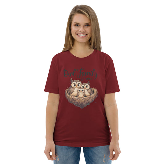 Unisex Organic Cotton T-Shirt |Owl-Themed Eco-Friendly, Stylish Burgundy Dudeily