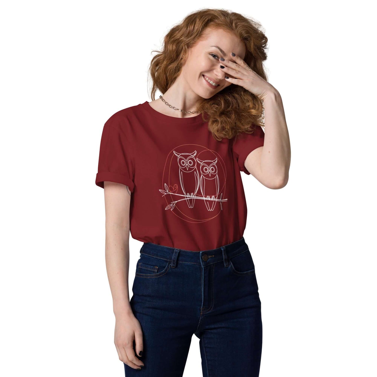 Owl-Themed Unisex Organic Cotton T-Shirt | Sustainable & Stylish Burgundy Dudeily