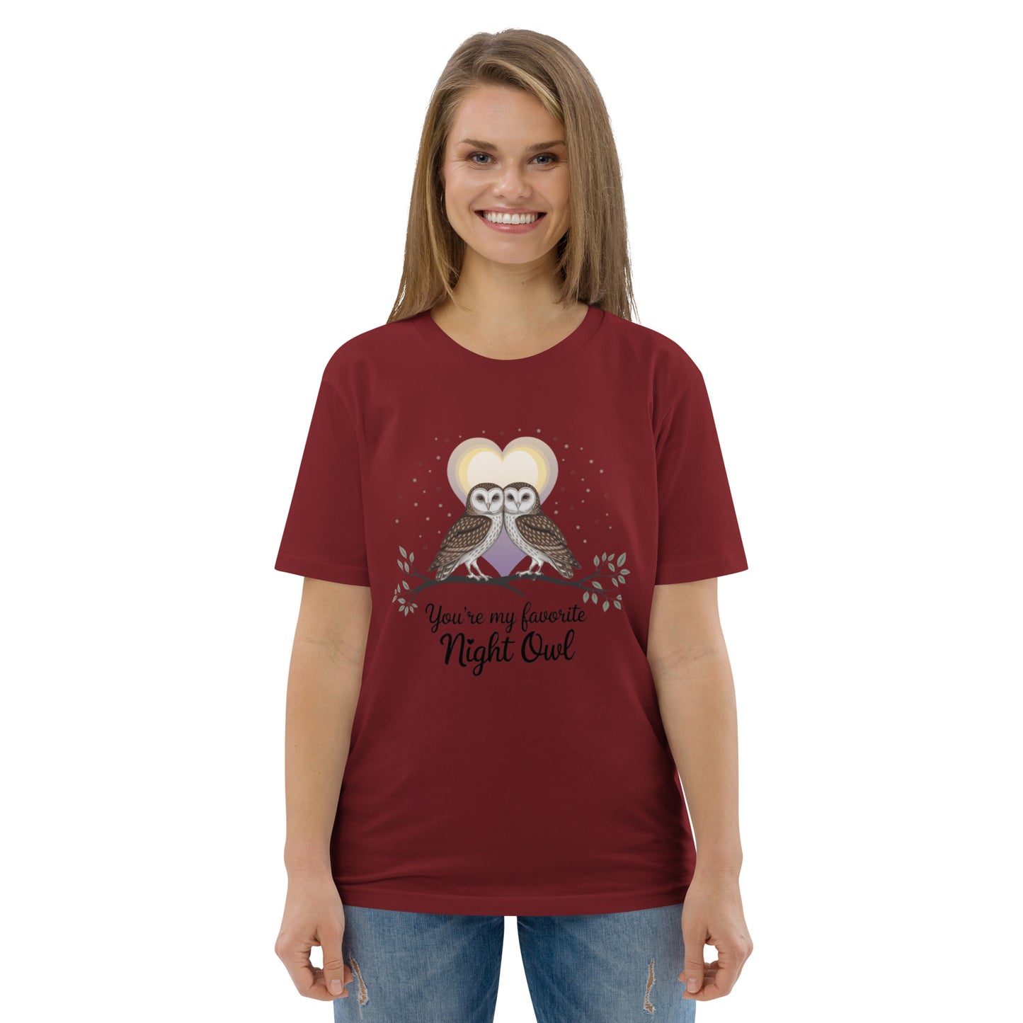 Owl-Themed Unisex Organic Cotton T-Shirt | Sustainable Fashion Burgundy Dudeily