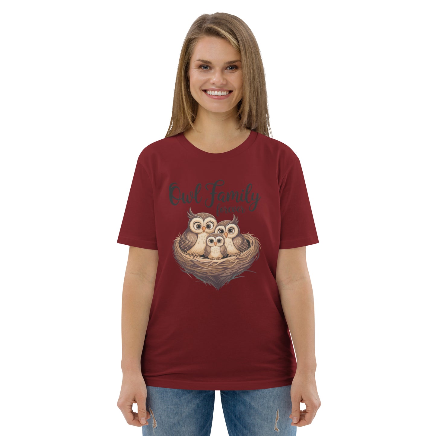 Owl-Themed Unisex Organic Cotton T-Shirt | Eco-Friendly Style Burgundy Dudeily