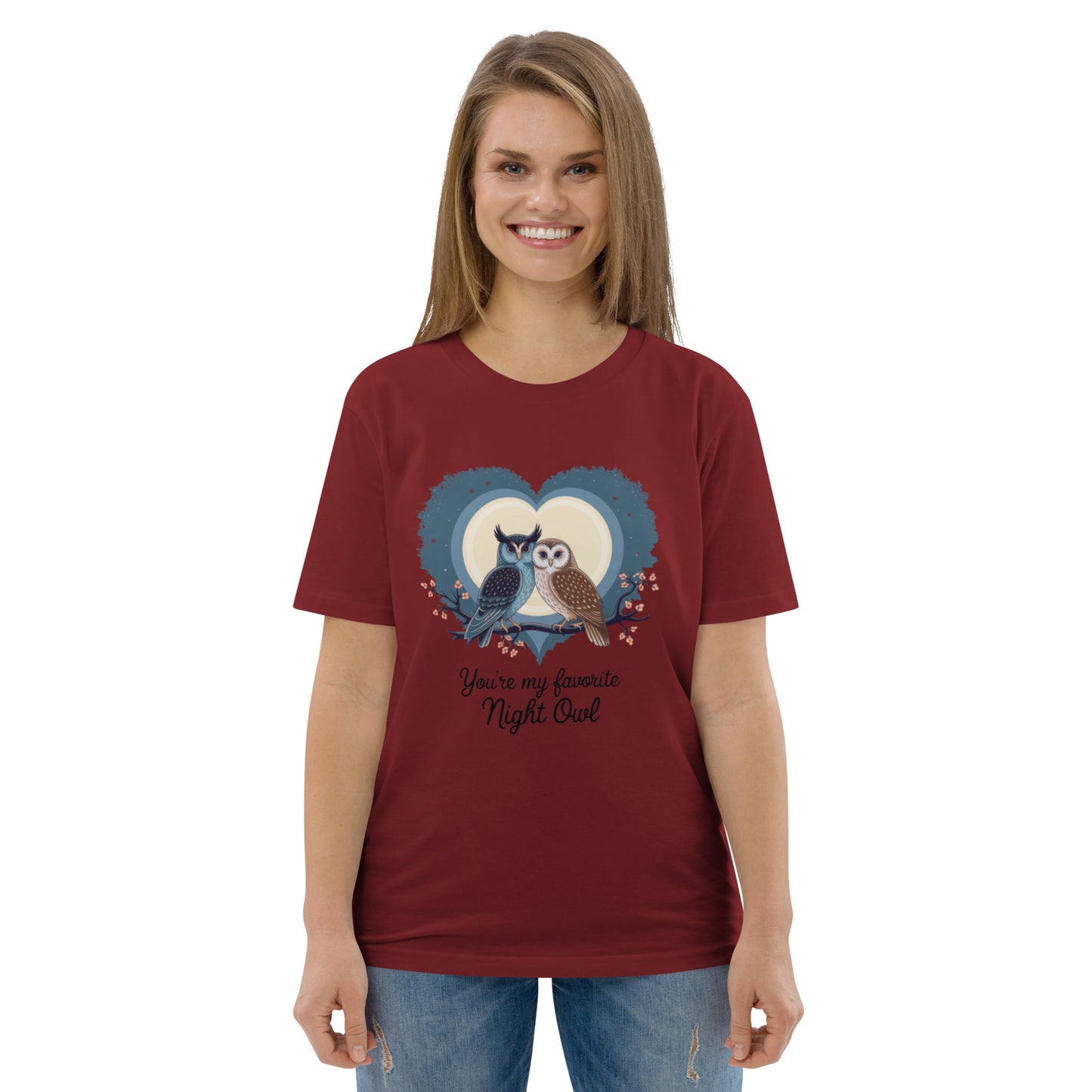 Owl-Themed Unisex Organic Cotton T-Shirt | Eco-Friendly Fashion Burgundy Dudeily