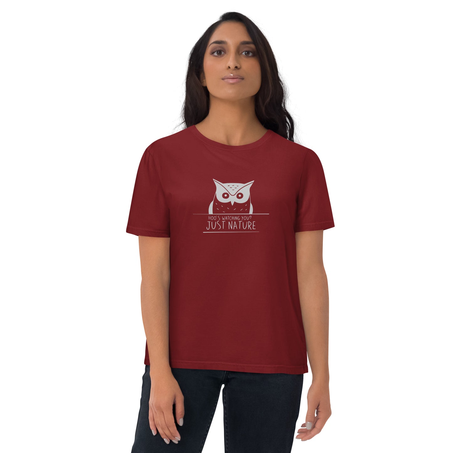 Organic Cotton T-Shirt: 'Hoo's Watching You? Just Nature' in Fall | Ethical Owl Clothing USA Burgundy Dudeily