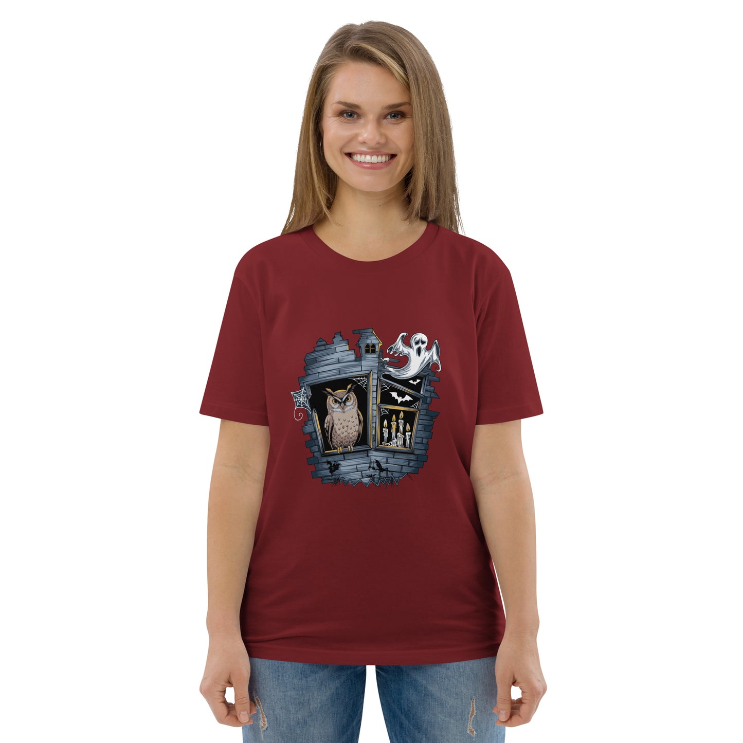 Unisex Organic Cotton T-Shirt: Halloween Owl Eco-Friendly Style USA Burgundy Dudeily