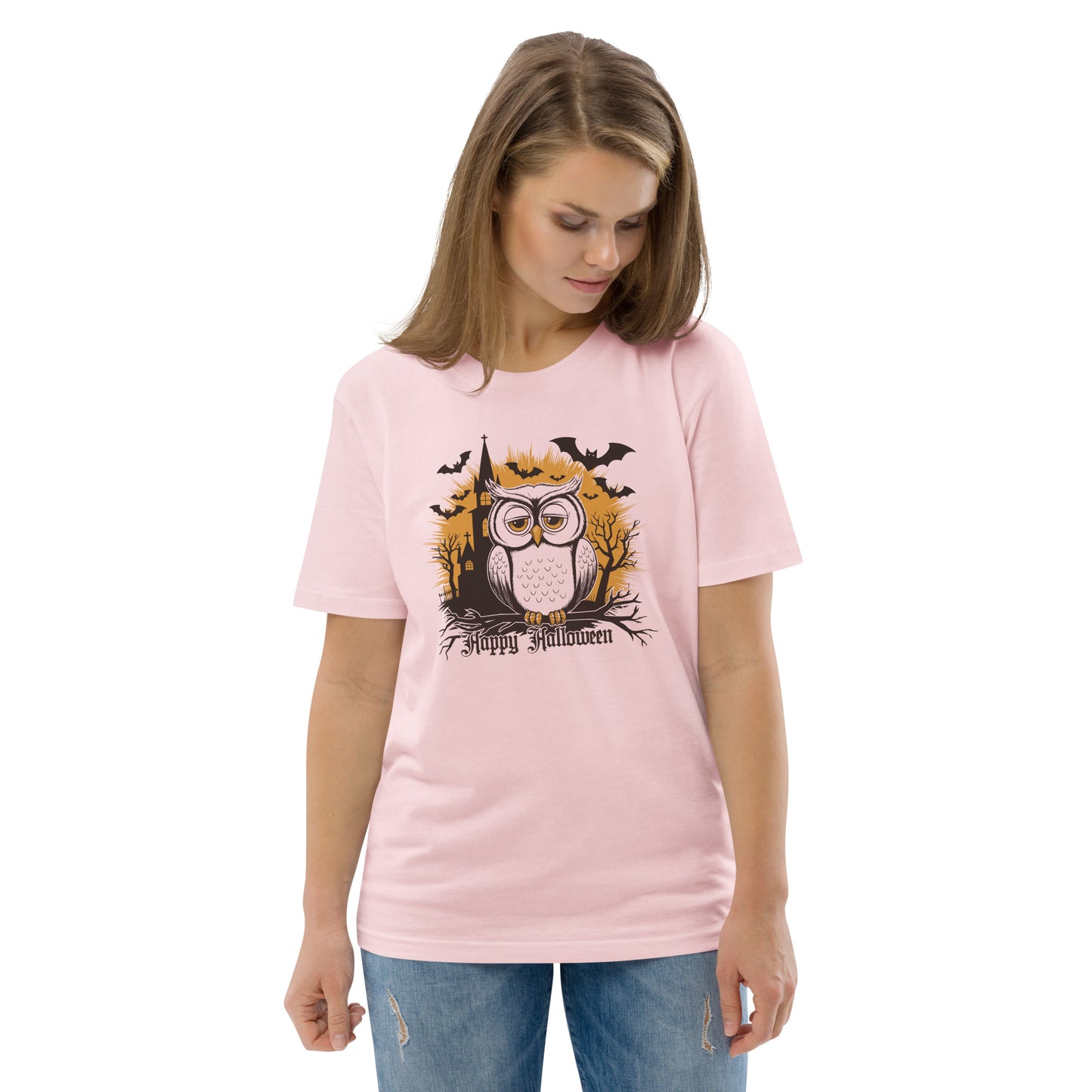 Unisex Organic Cotton T-Shirt: Halloween Owl Eco-Friendly Style USA Cotton Pink Dudeily