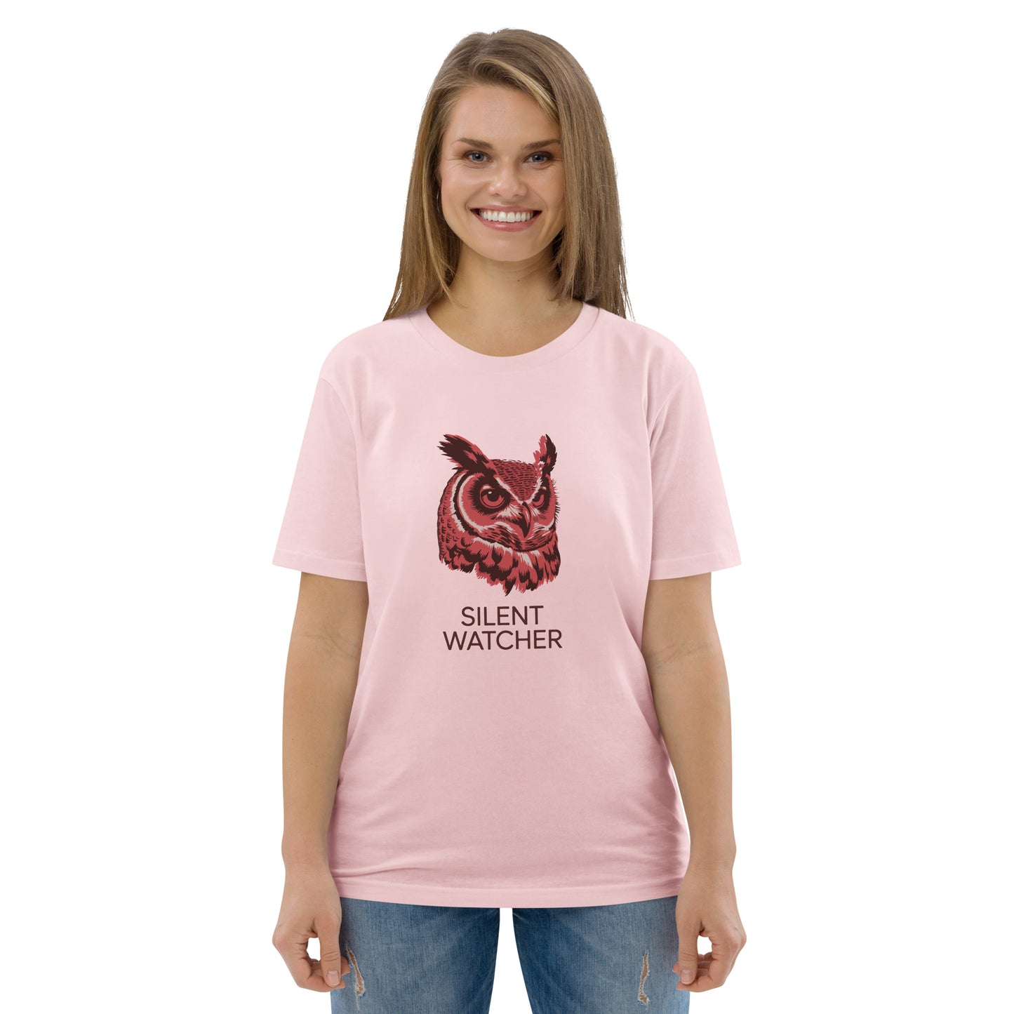 Unisex Organic Cotton T-Shirt: 'Silent Watcher' | Sustainable Owl Fashion USA Cotton Pink Dudeily