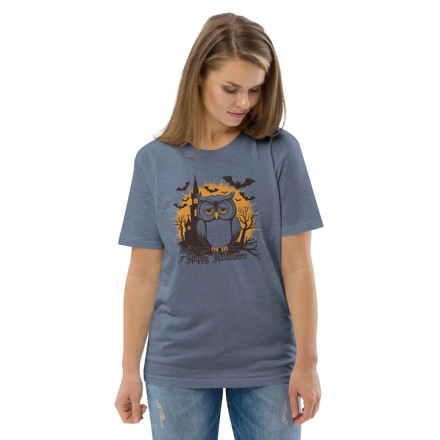 Unisex Organic Cotton T-Shirt: Halloween Owl Eco-Friendly Style USA Dark Heather Blue Dudeily