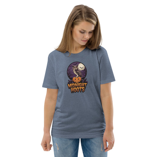 Unisex Organic Cotton T-Shirt: Halloween Owl Eco Fashion USA Dark Heather Blue Dudeily