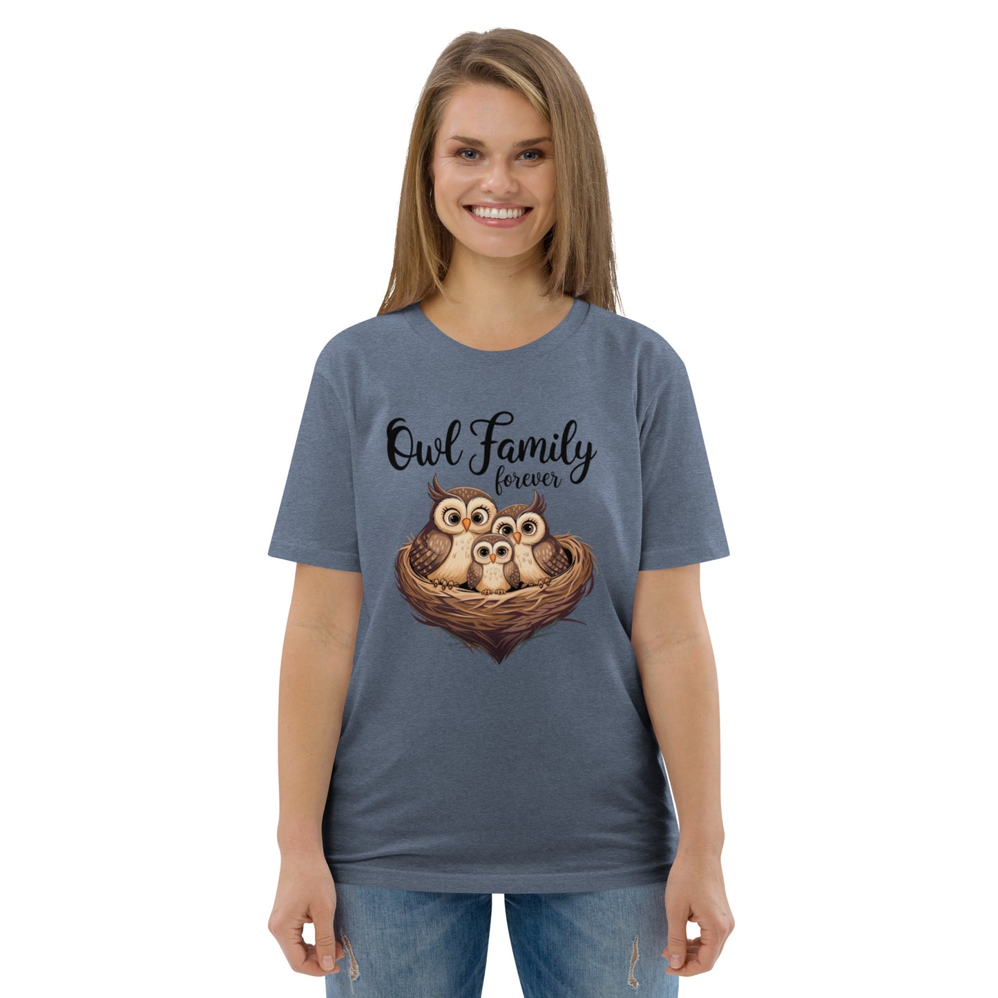 Owl-Themed Unisex Organic Cotton T-Shirt | Eco-Friendly Style Dark Heather Blue Dudeily