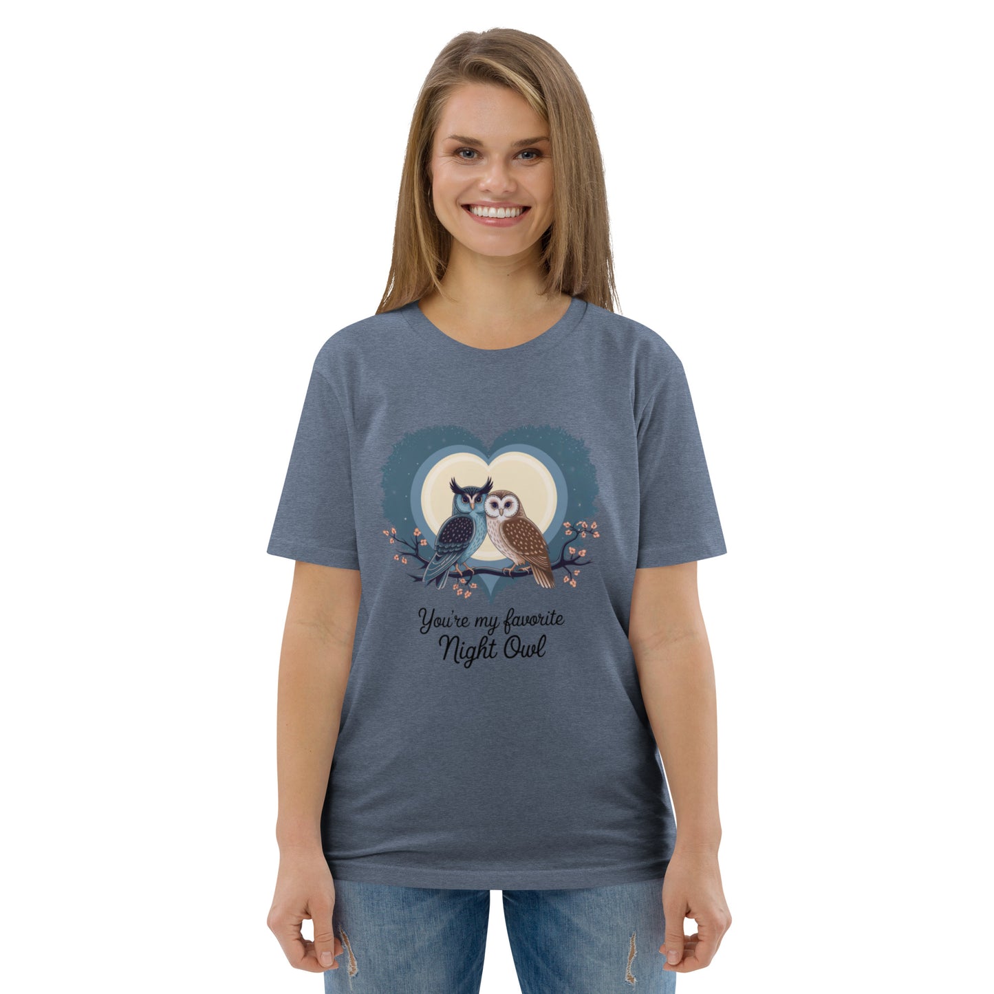 Owl-Themed Unisex Organic Cotton T-Shirt | Eco-Friendly Fashion Dark Heather Blue Dudeily