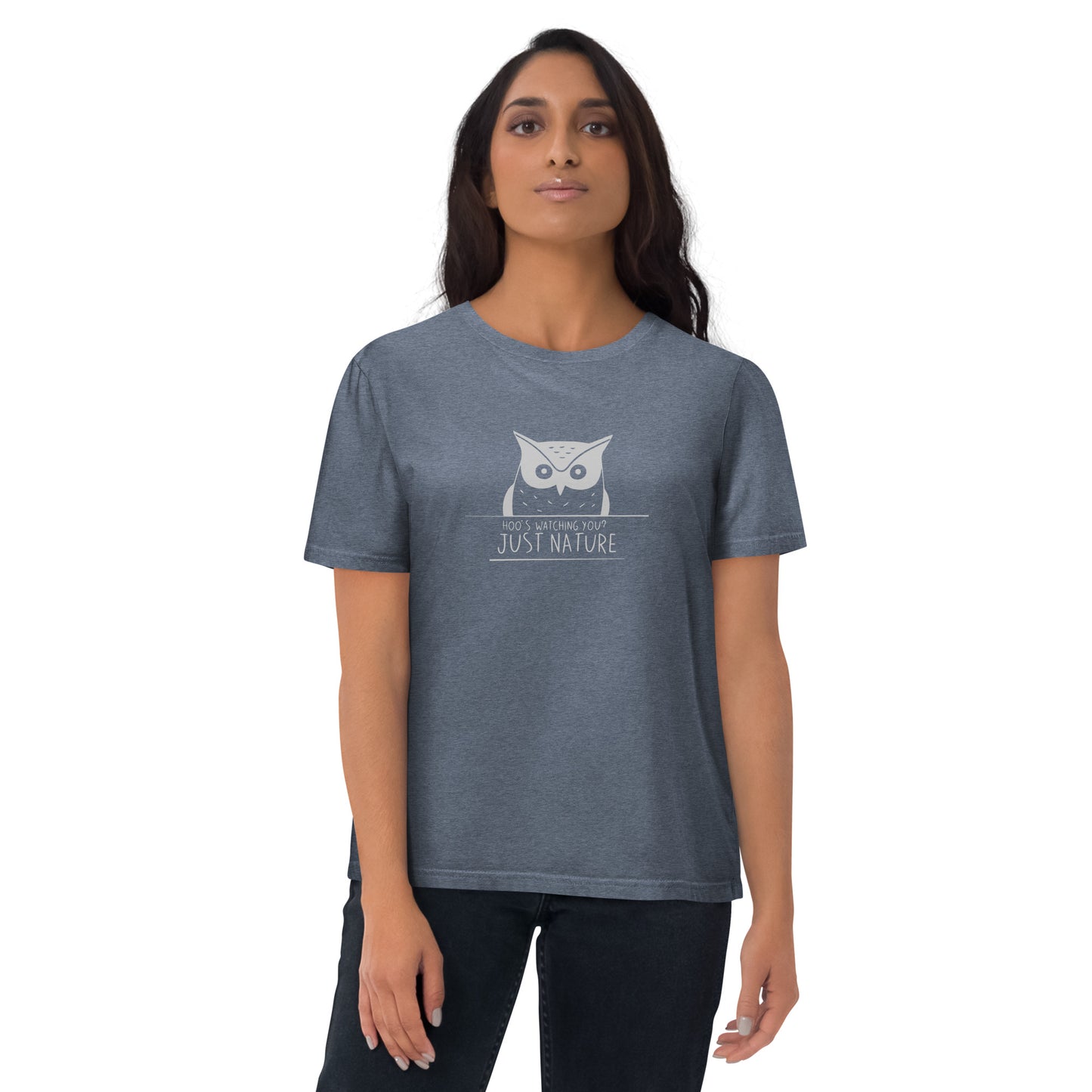 Organic Cotton T-Shirt: 'Hoo's Watching You? Just Nature' in Fall | Ethical Owl Clothing USA Dark Heather Blue Dudeily