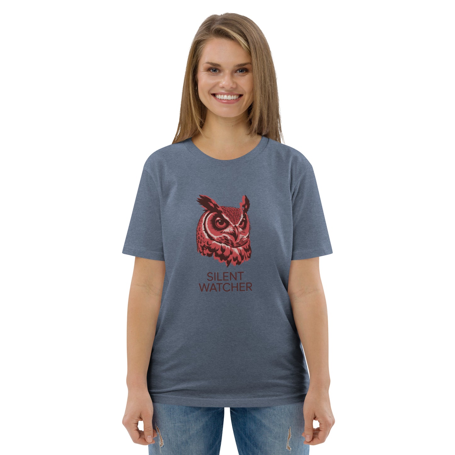 Unisex Organic Cotton T-Shirt: 'Silent Watcher' | Sustainable Owl Fashion USA Dark Heather Blue Dudeily