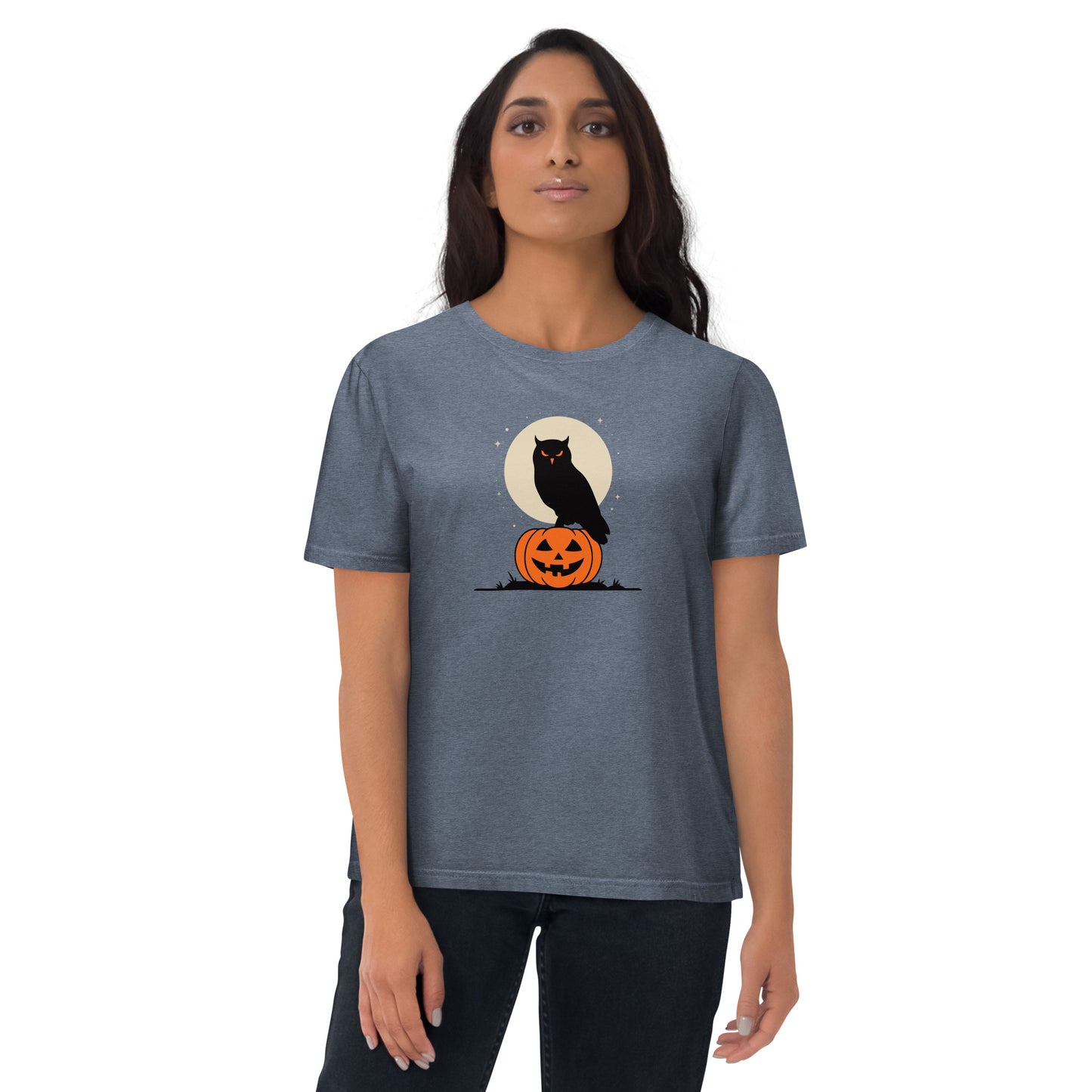 Unisex Organic Cotton T-Shirt: Halloween Owl Sustainable Style USA Dark Heather Blue Dudeily