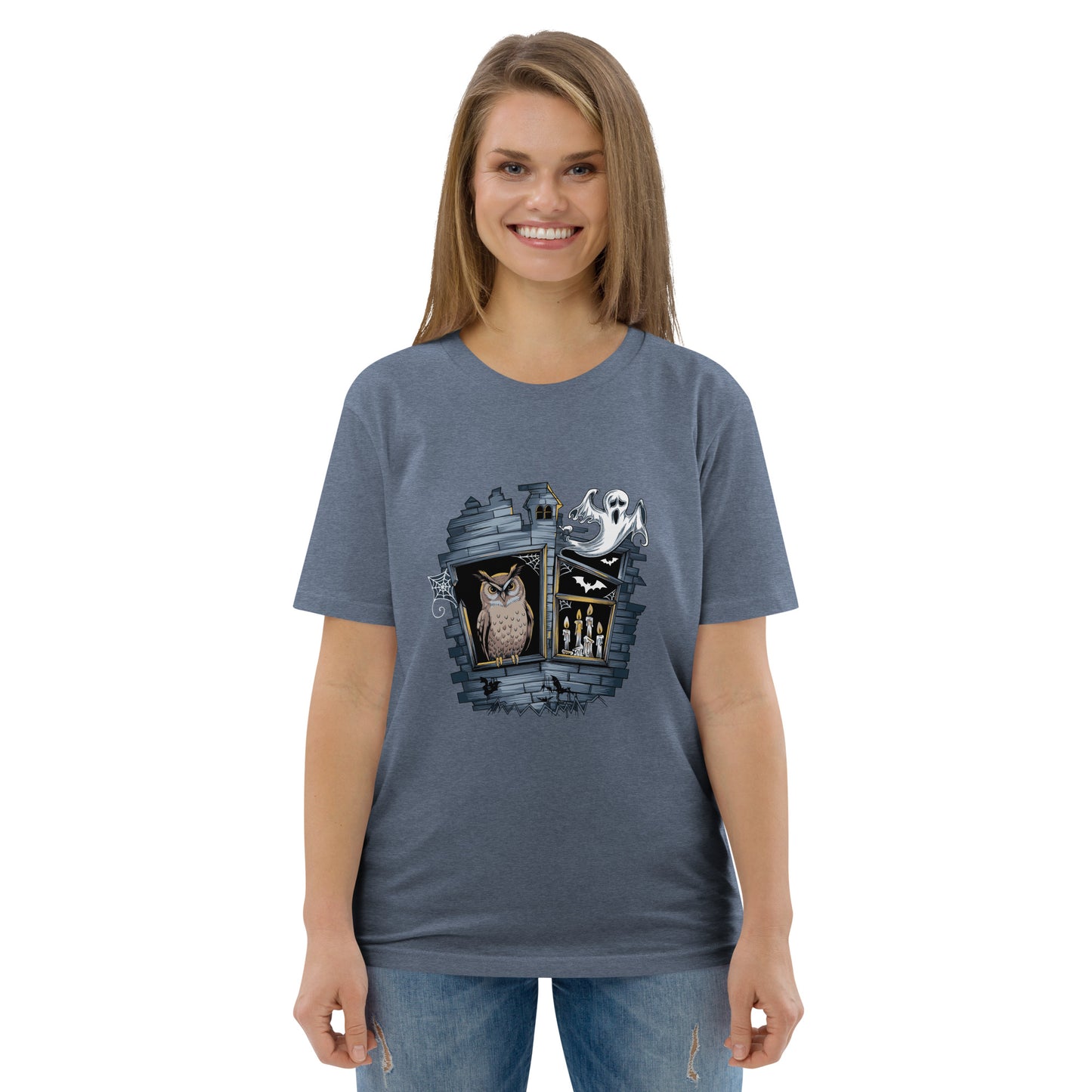 Unisex Organic Cotton T-Shirt: Halloween Owl Eco-Friendly Style USA Dark Heather Blue Dudeily