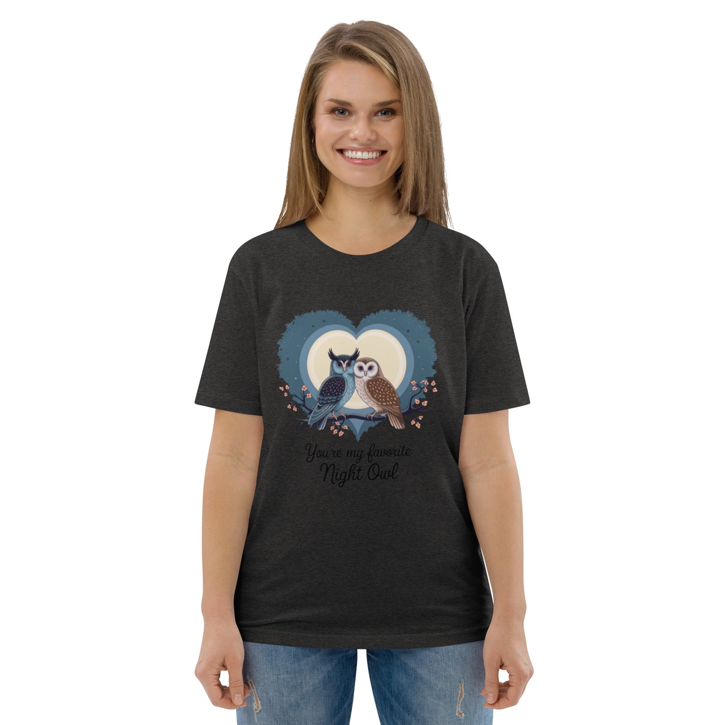 Owl-Themed Unisex Organic Cotton T-Shirt | Eco-Friendly Fashion Dark Heather Grey Dudeily