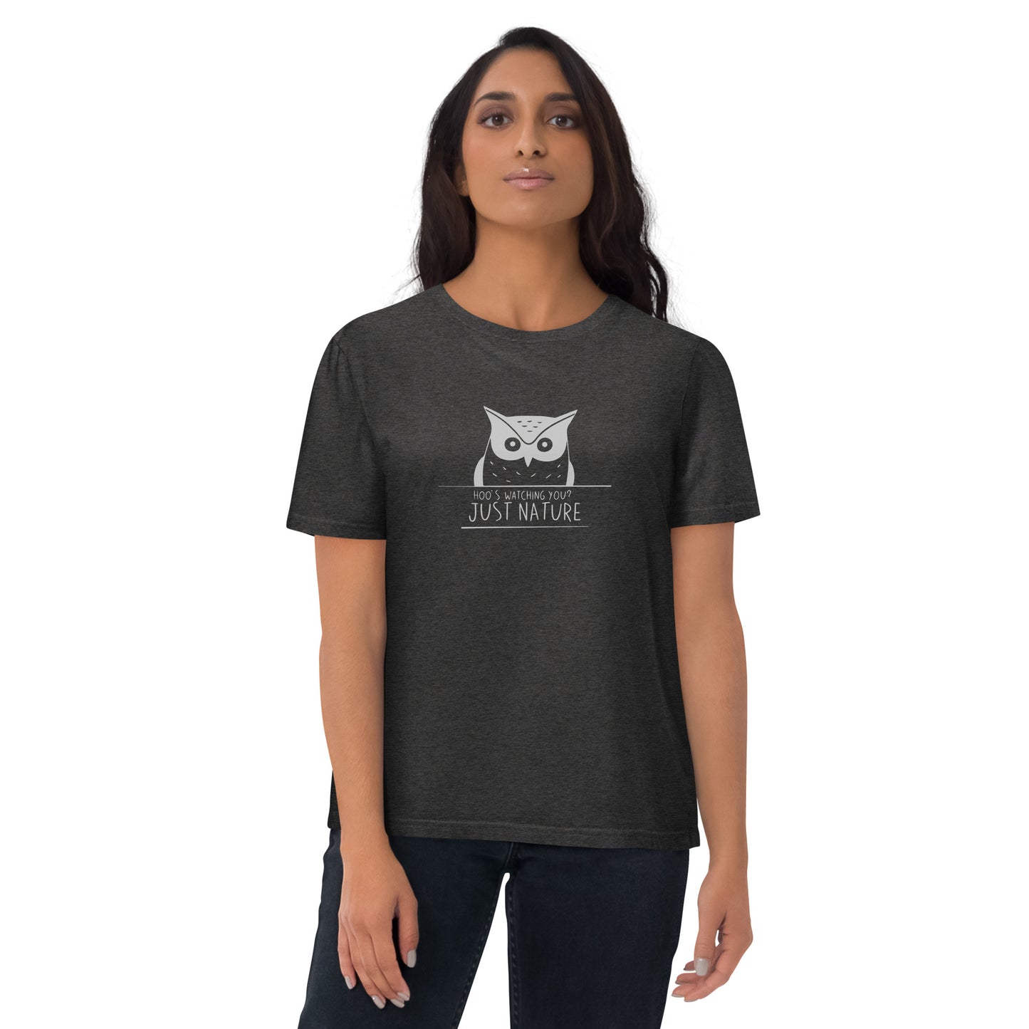 Organic Cotton T-Shirt: 'Hoo's Watching You? Just Nature' in Fall | Ethical Owl Clothing USA Dark Heather Grey Dudeily