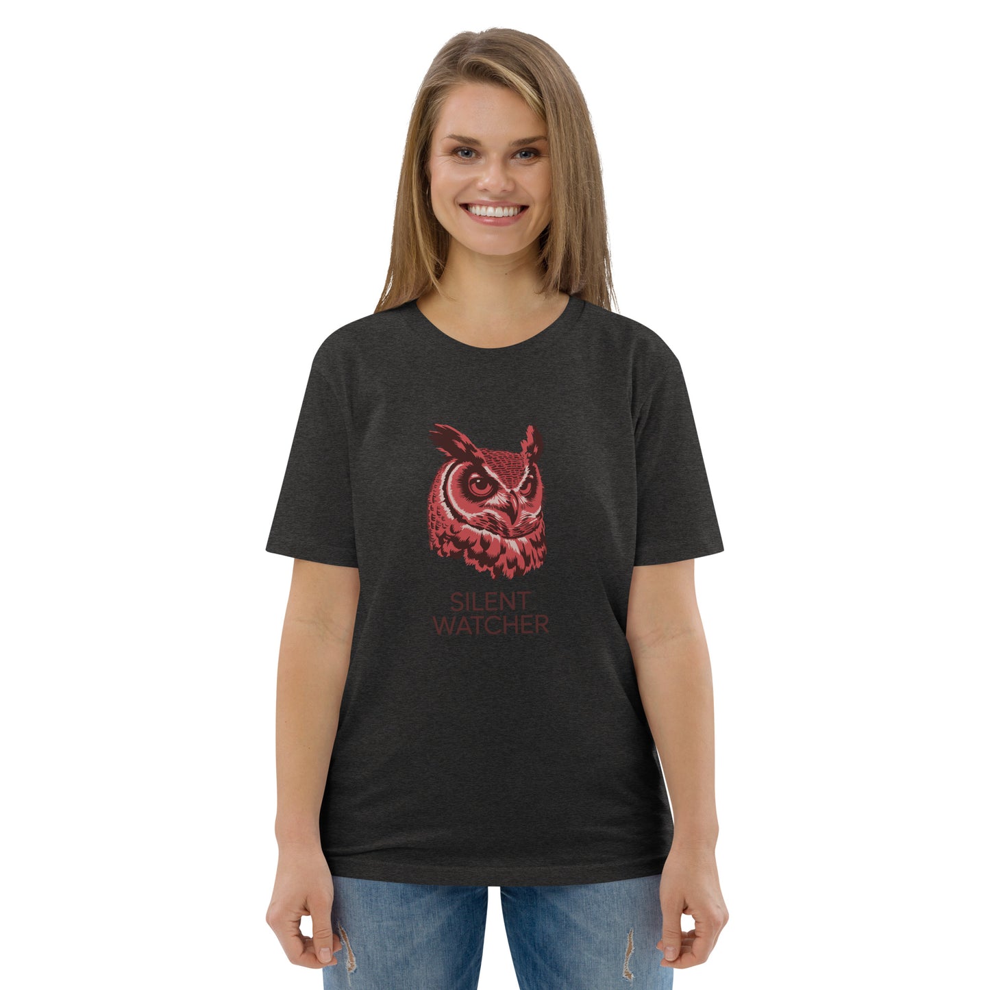 Unisex Organic Cotton T-Shirt: 'Silent Watcher' | Sustainable Owl Fashion USA Dark Heather Grey Dudeily