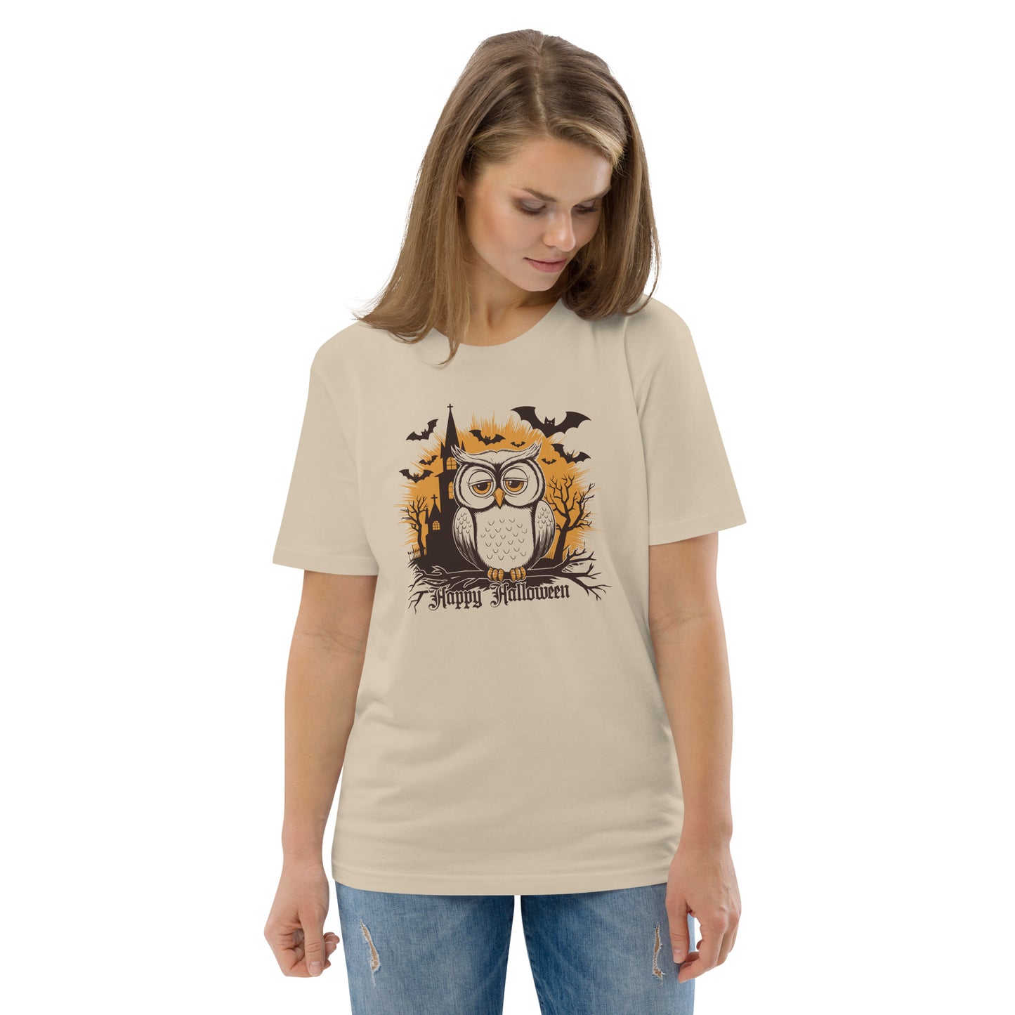 Unisex Organic Cotton T-Shirt: Halloween Owl Eco-Friendly Style USA Desert Dust Dudeily