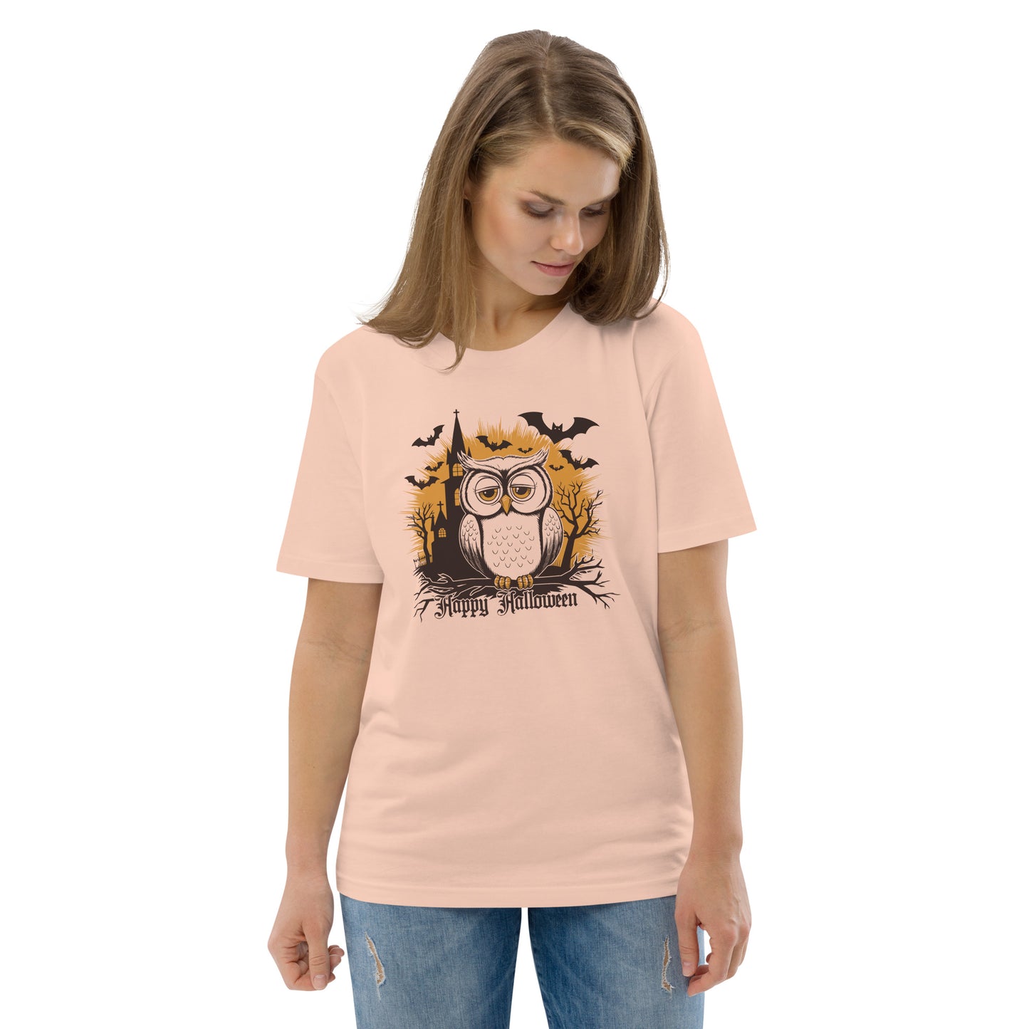 Unisex Organic Cotton T-Shirt: Halloween Owl Eco-Friendly Style USA Fraiche Peche Dudeily