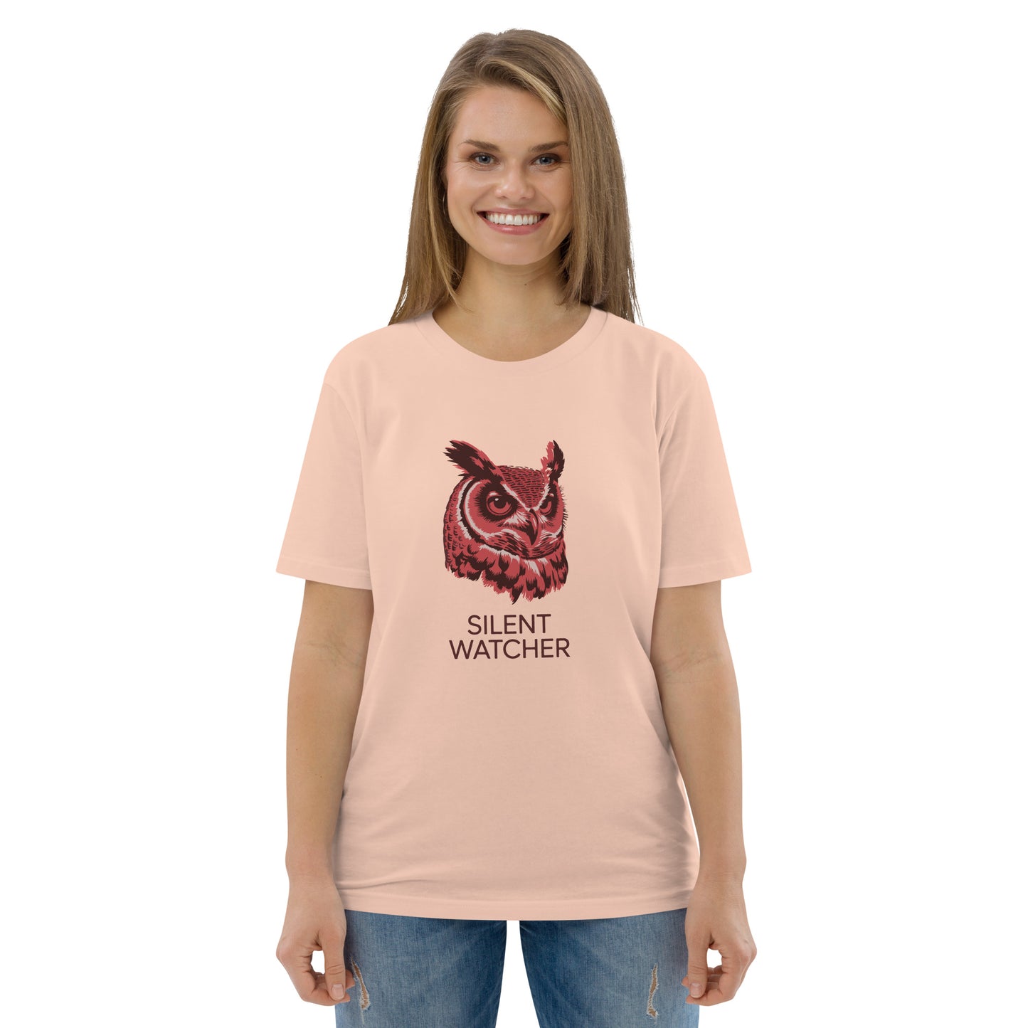 Unisex Organic Cotton T-Shirt: 'Silent Watcher' | Sustainable Owl Fashion USA Fraiche Peche Dudeily