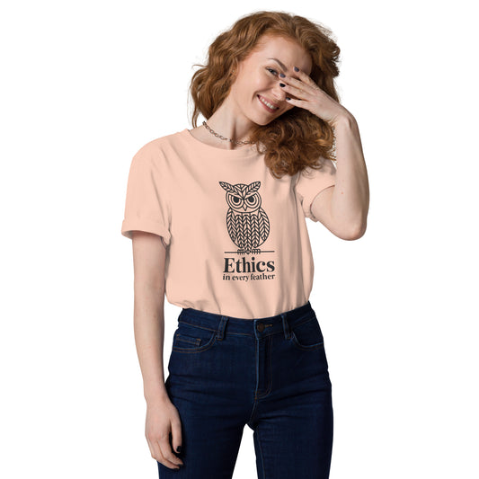 Unisex Organic Cotton T-Shirt: 'Ethics in Every Feather' for Fall | Sustainable Owl Fashion USA Fraiche Peche Dudeily