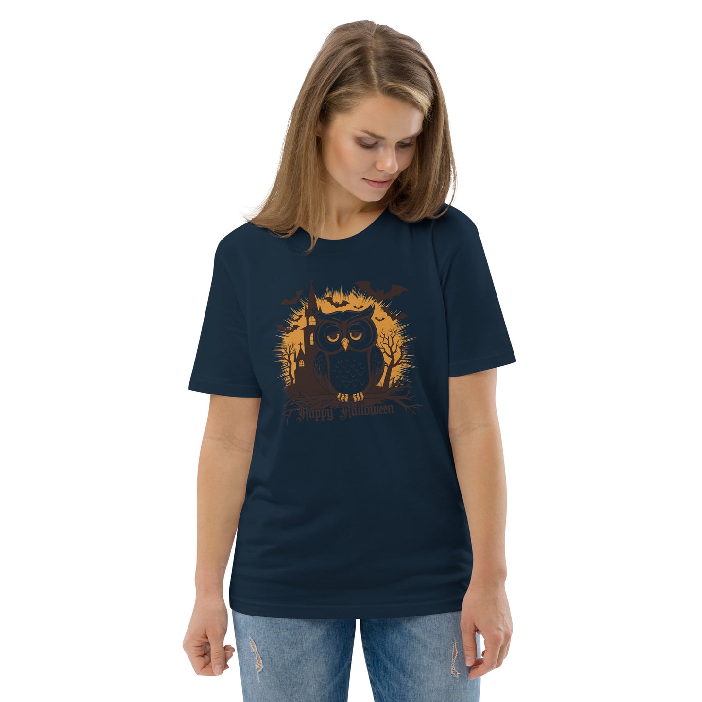 Unisex Organic Cotton T-Shirt: Halloween Owl Eco-Friendly Style USA French Navy Dudeily