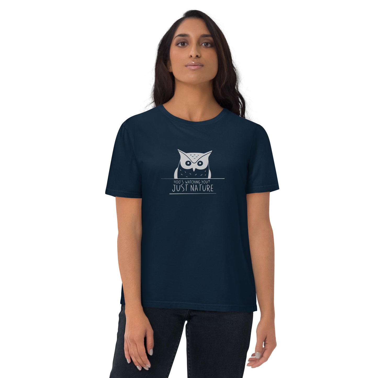 Organic Cotton T-Shirt: 'Hoo's Watching You? Just Nature' in Fall | Ethical Owl Clothing USA French Navy Dudeily