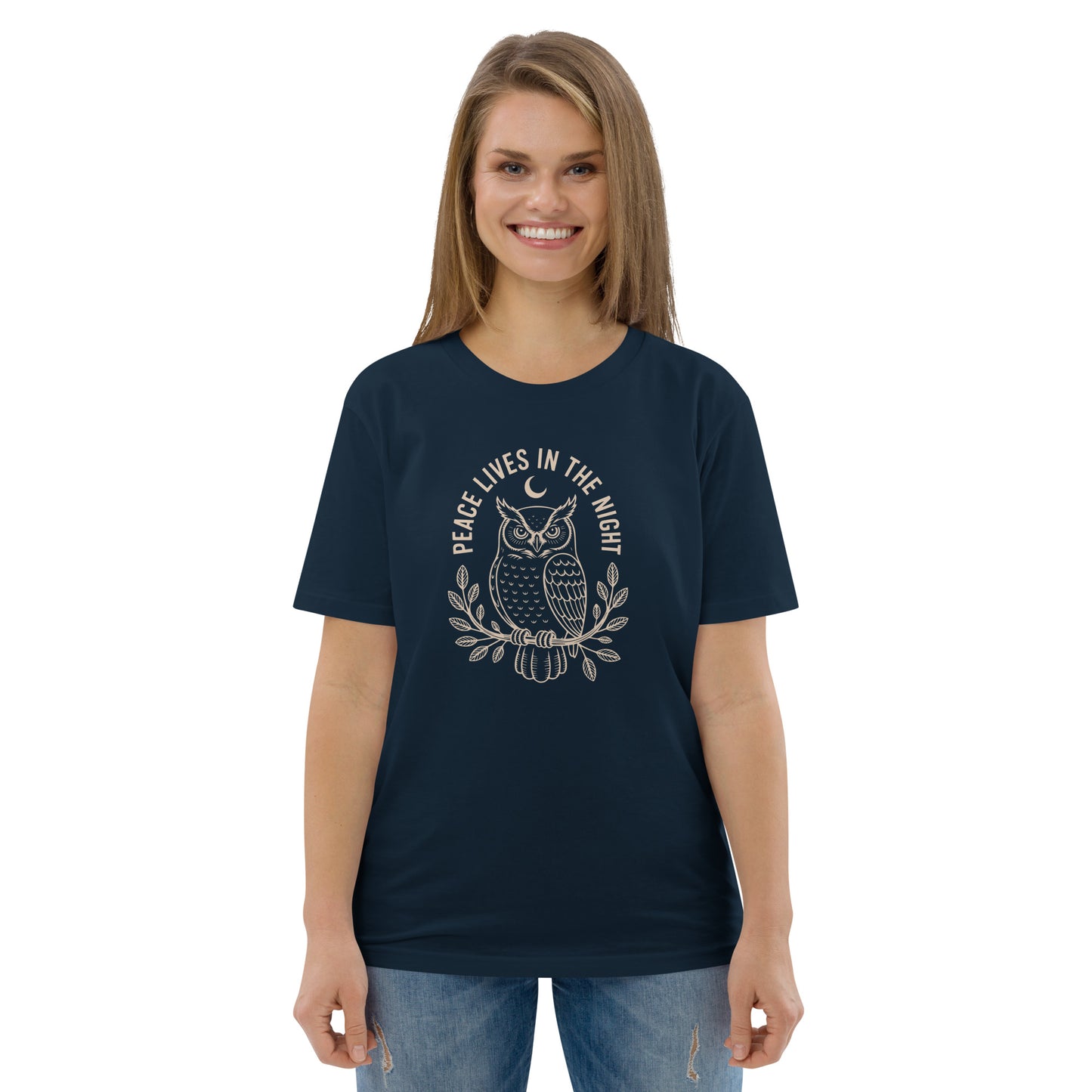 Unisex Organic Cotton T-Shirt: 'Peace in the Night' | Sustainable Owl Fashion USA Dudeily
