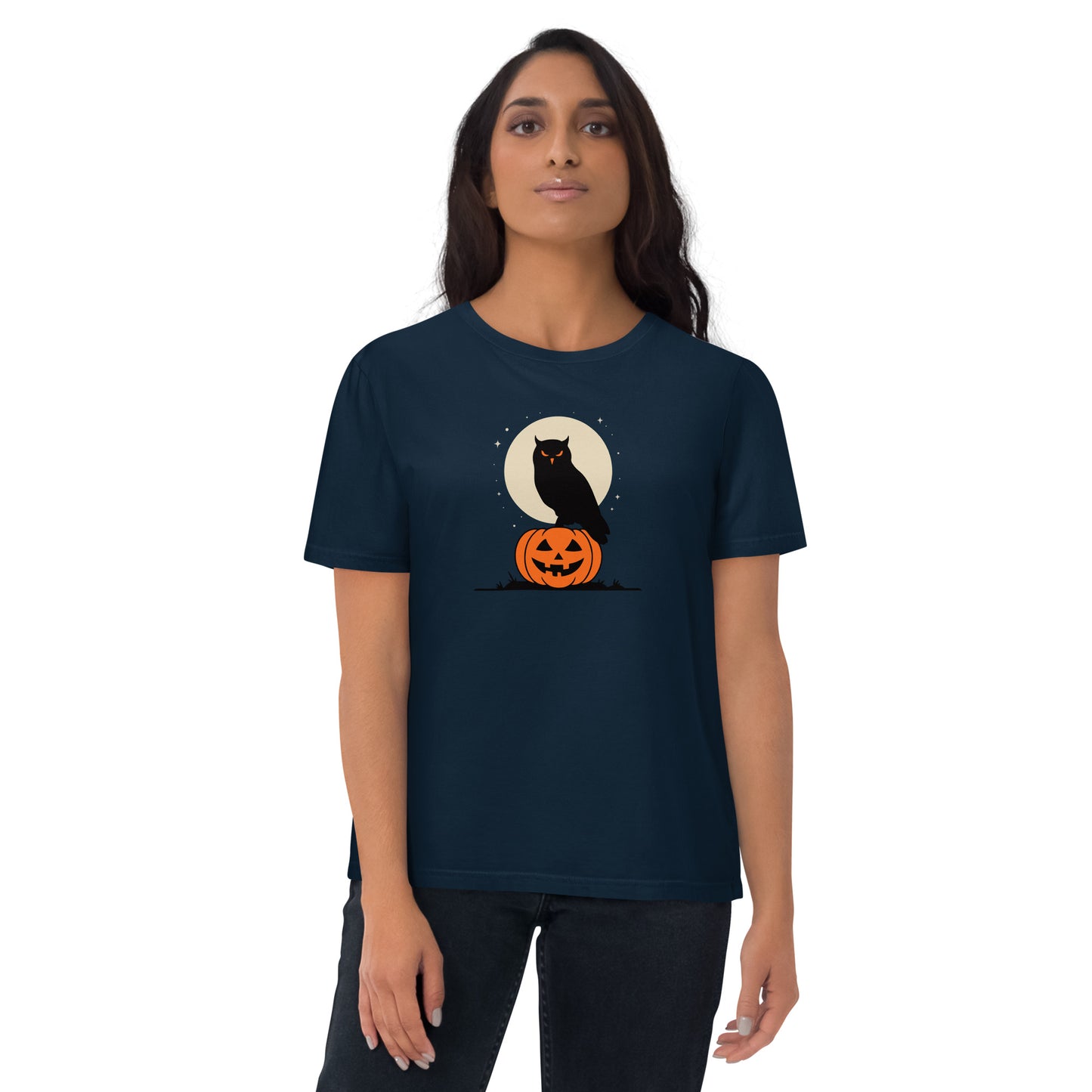 Unisex Organic Cotton T-Shirt: Halloween Owl Sustainable Style USA French Navy Dudeily
