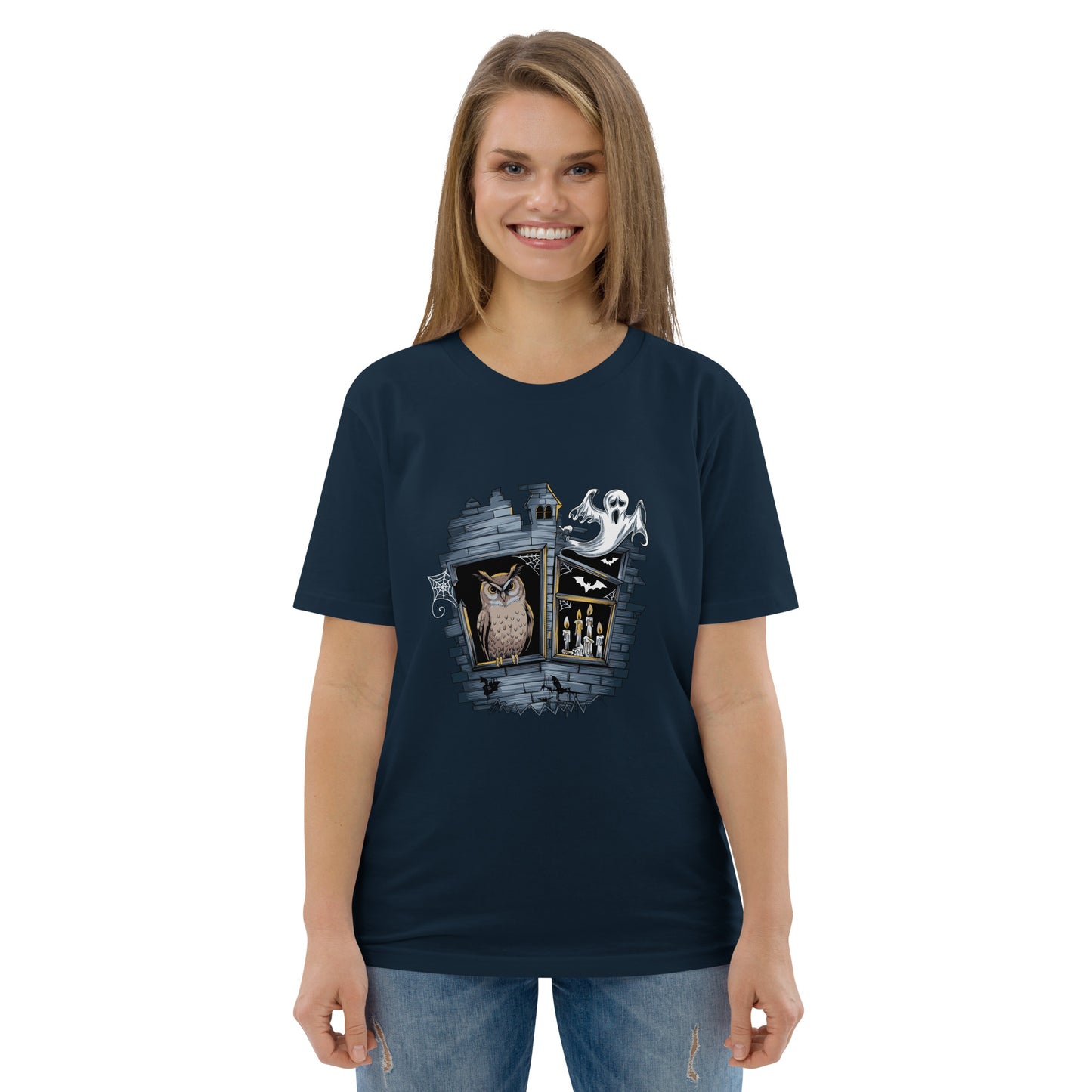 Unisex Organic Cotton T-Shirt: Halloween Owl Eco-Friendly Style USA French Navy Dudeily