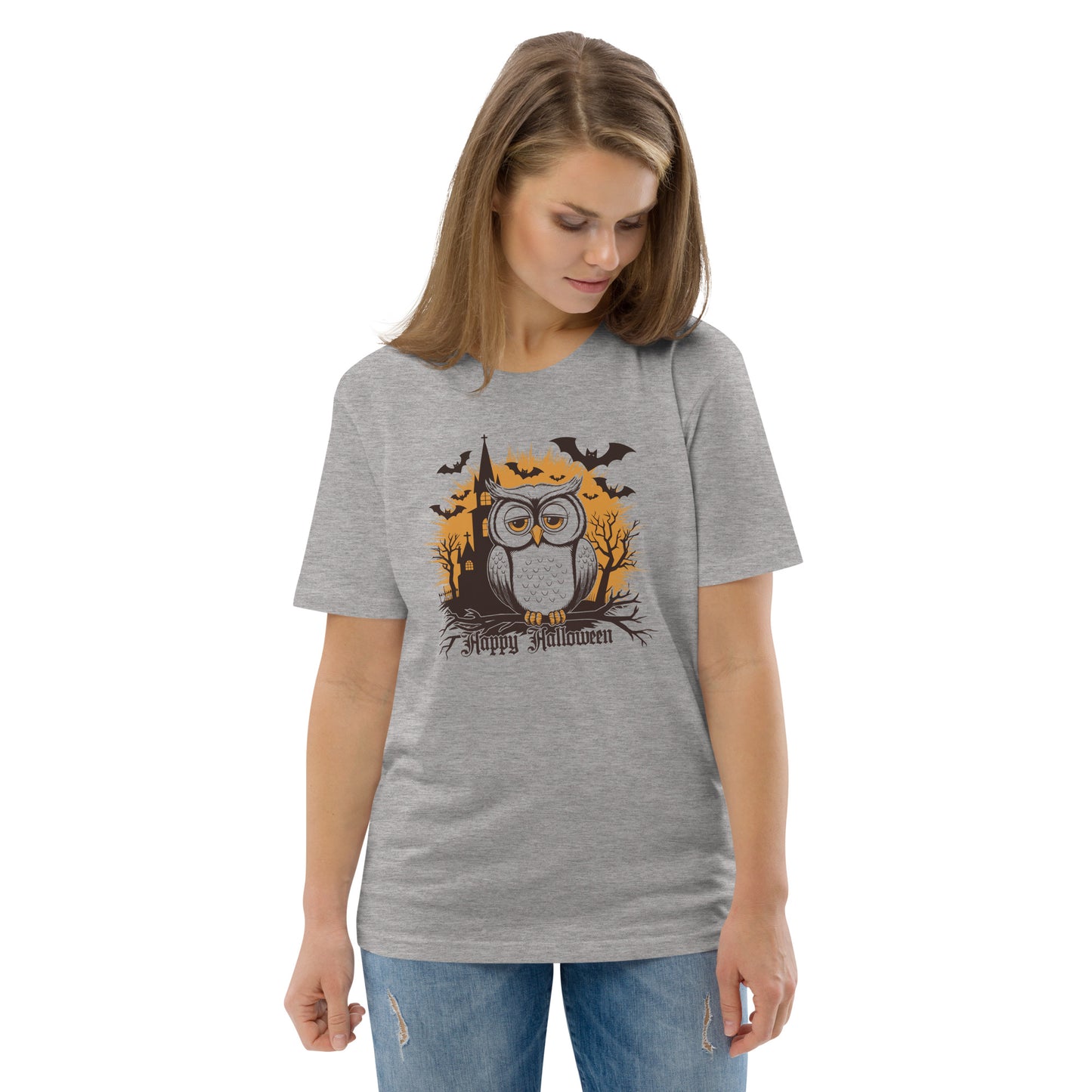 Unisex Organic Cotton T-Shirt: Halloween Owl Eco-Friendly Style USA Heather Grey Dudeily