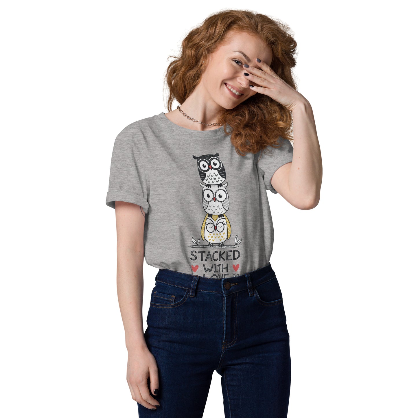 Unisex Organic Cotton T-Shirt: Stacked with Love | Owl-Themed Sustainable Fashion USA by Dudeily Heather Grey Dudeily