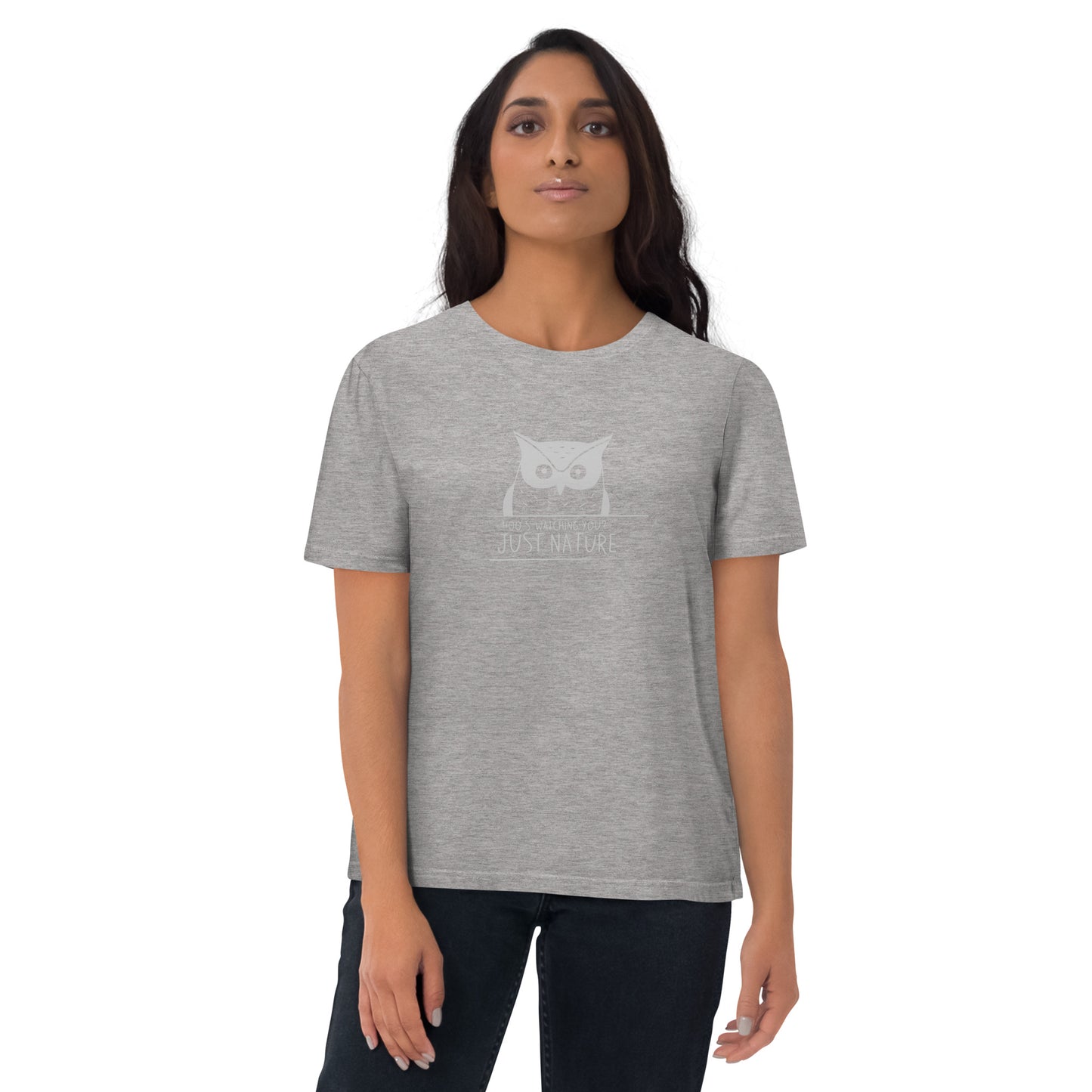 Organic Cotton T-Shirt: 'Hoo's Watching You? Just Nature' in Fall | Ethical Owl Clothing USA Heather Grey Dudeily