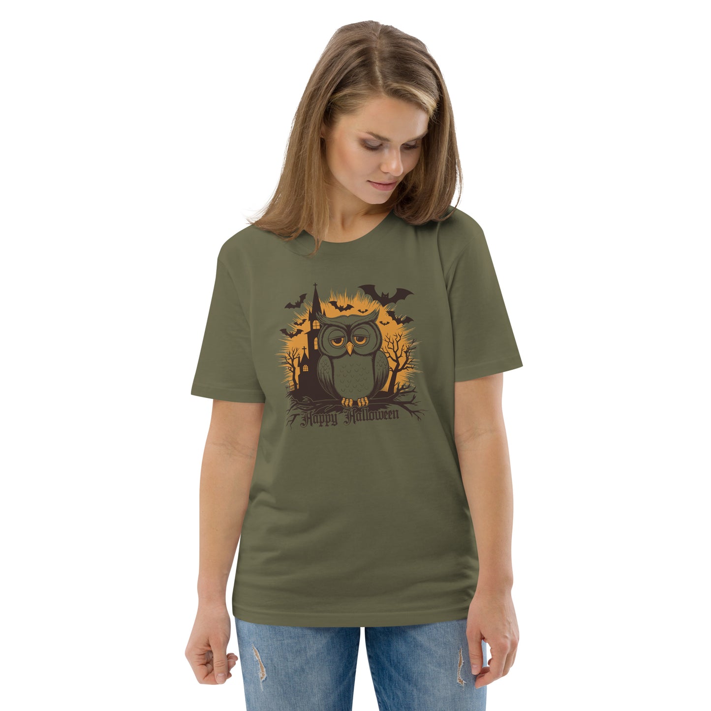 Unisex Organic Cotton T-Shirt: Halloween Owl Eco-Friendly Style USA Khaki Dudeily