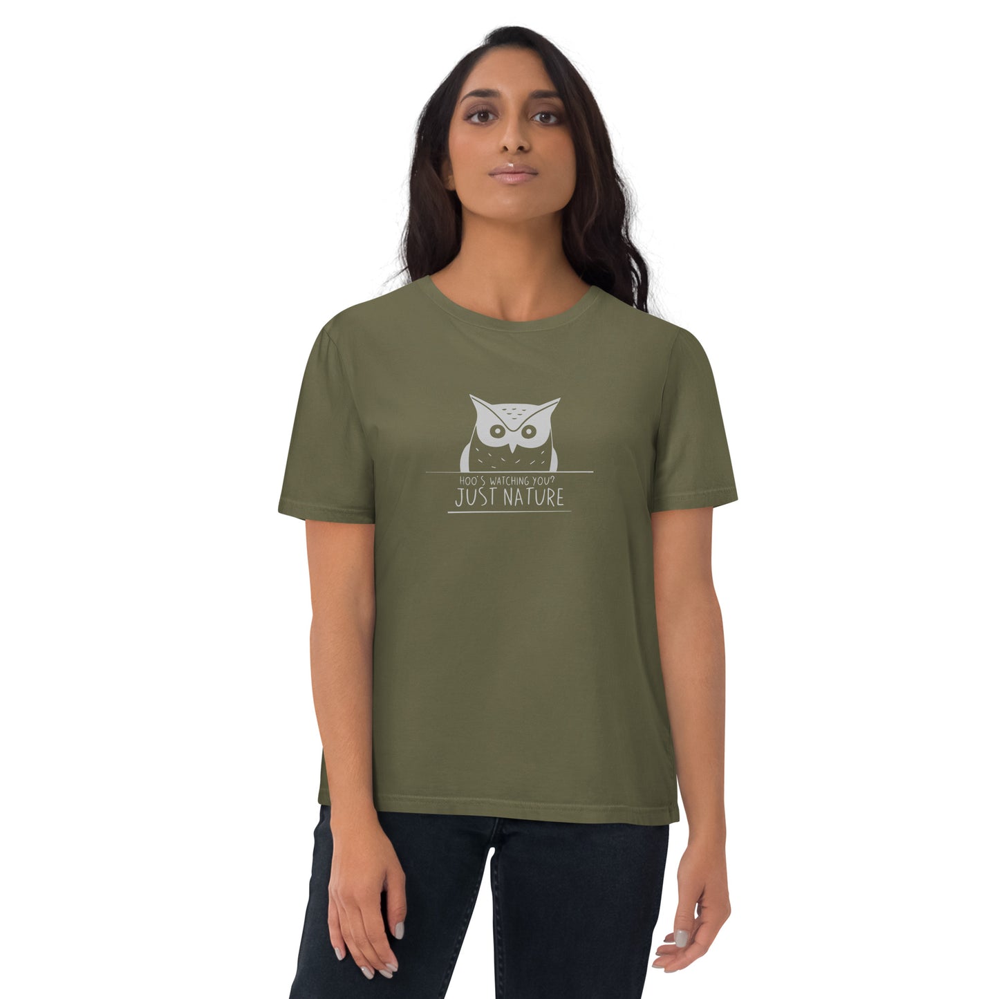 Organic Cotton T-Shirt: 'Hoo's Watching You? Just Nature' in Fall | Ethical Owl Clothing USA Khaki Dudeily